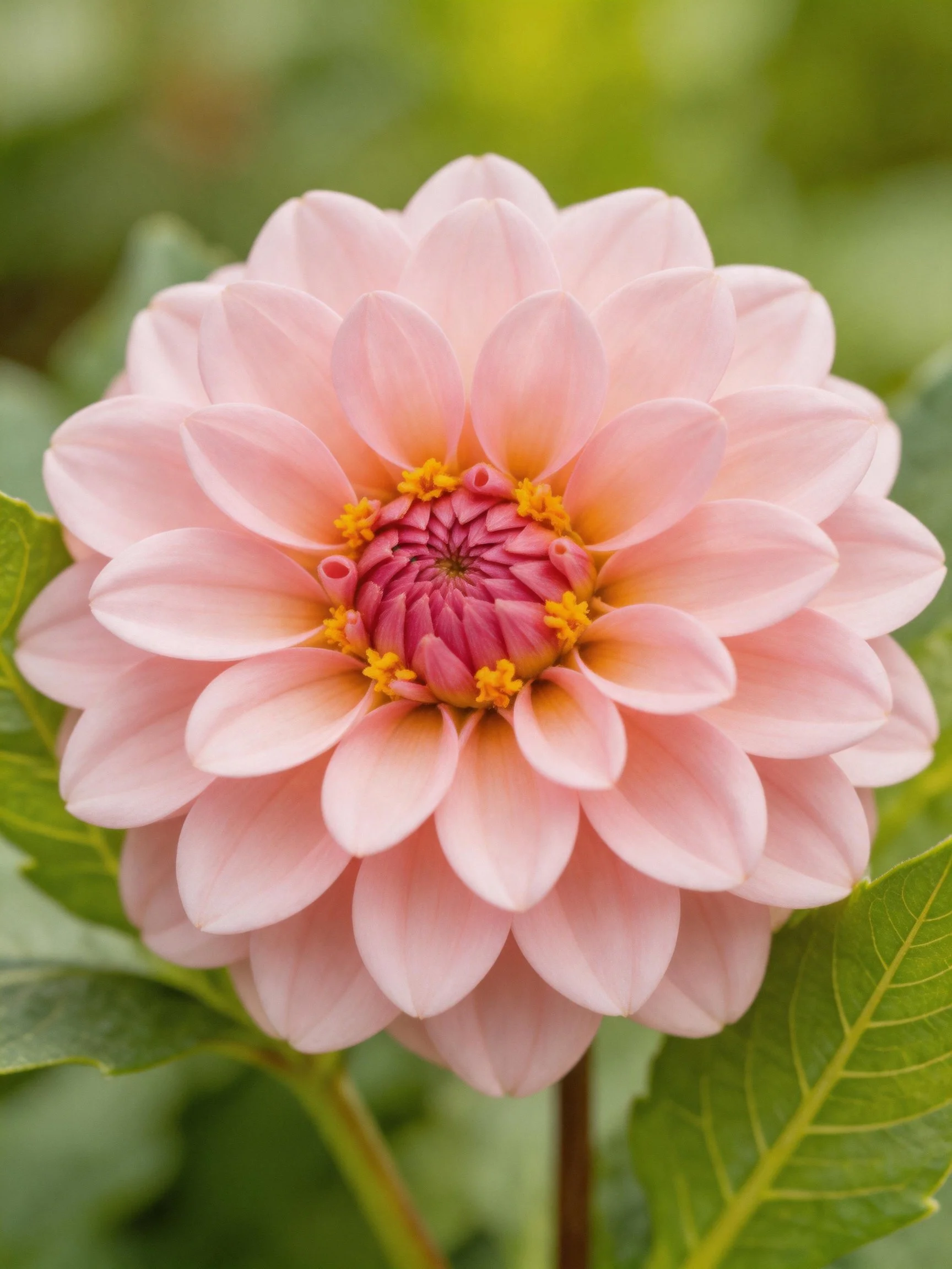 Soft pink dahlia with layered petals and vibrant center