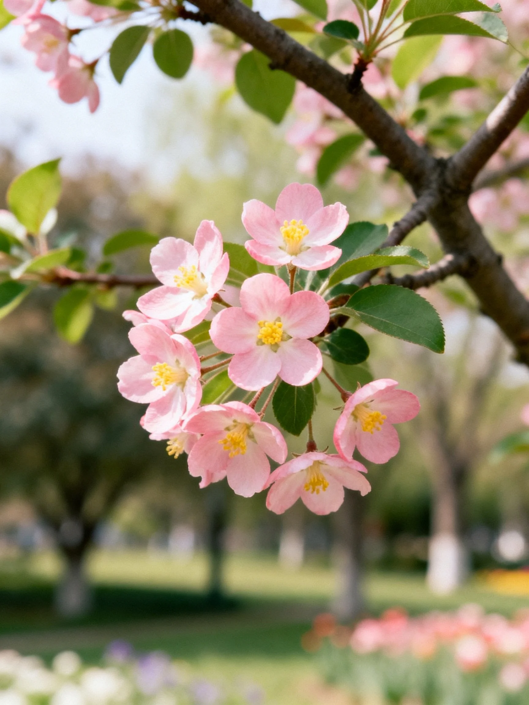 Soft pink flower cluster blooms on a tree branch with green foliage