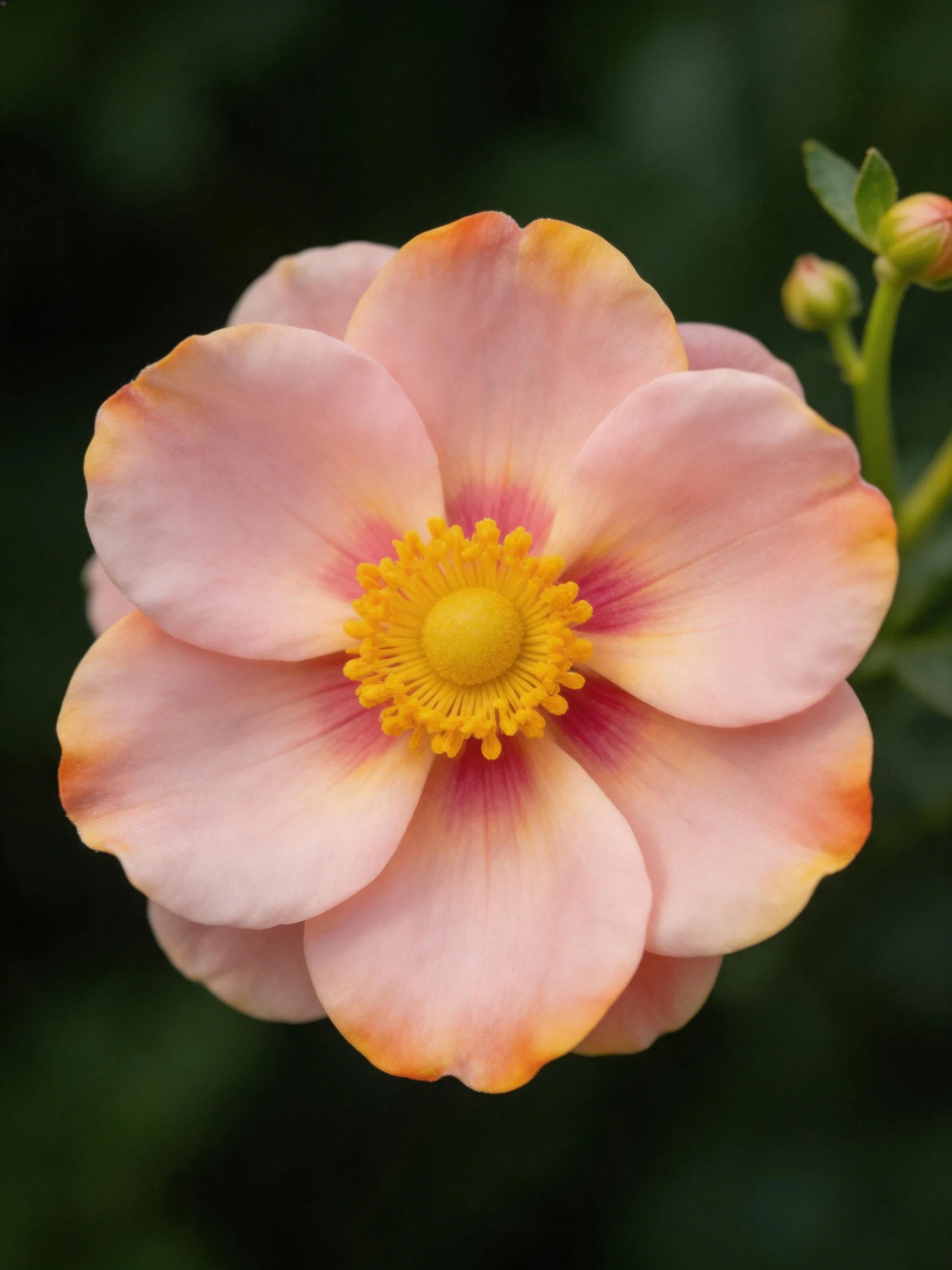 Soft pink flower with orange-edged petals and yellow center
