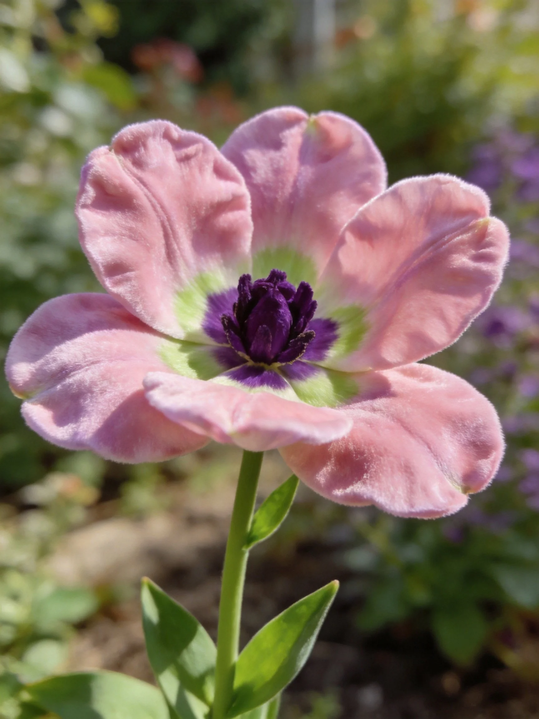 Soft pink flower with purple and green center