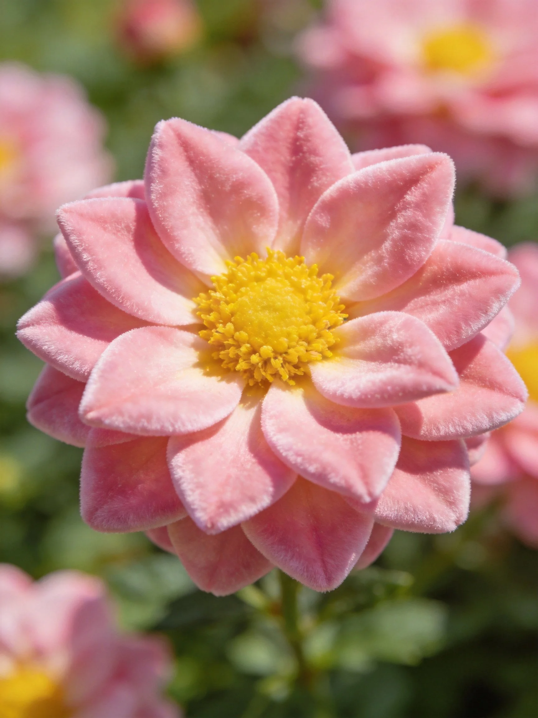 Soft pink flower with vibrant yellow center among blurred blooms