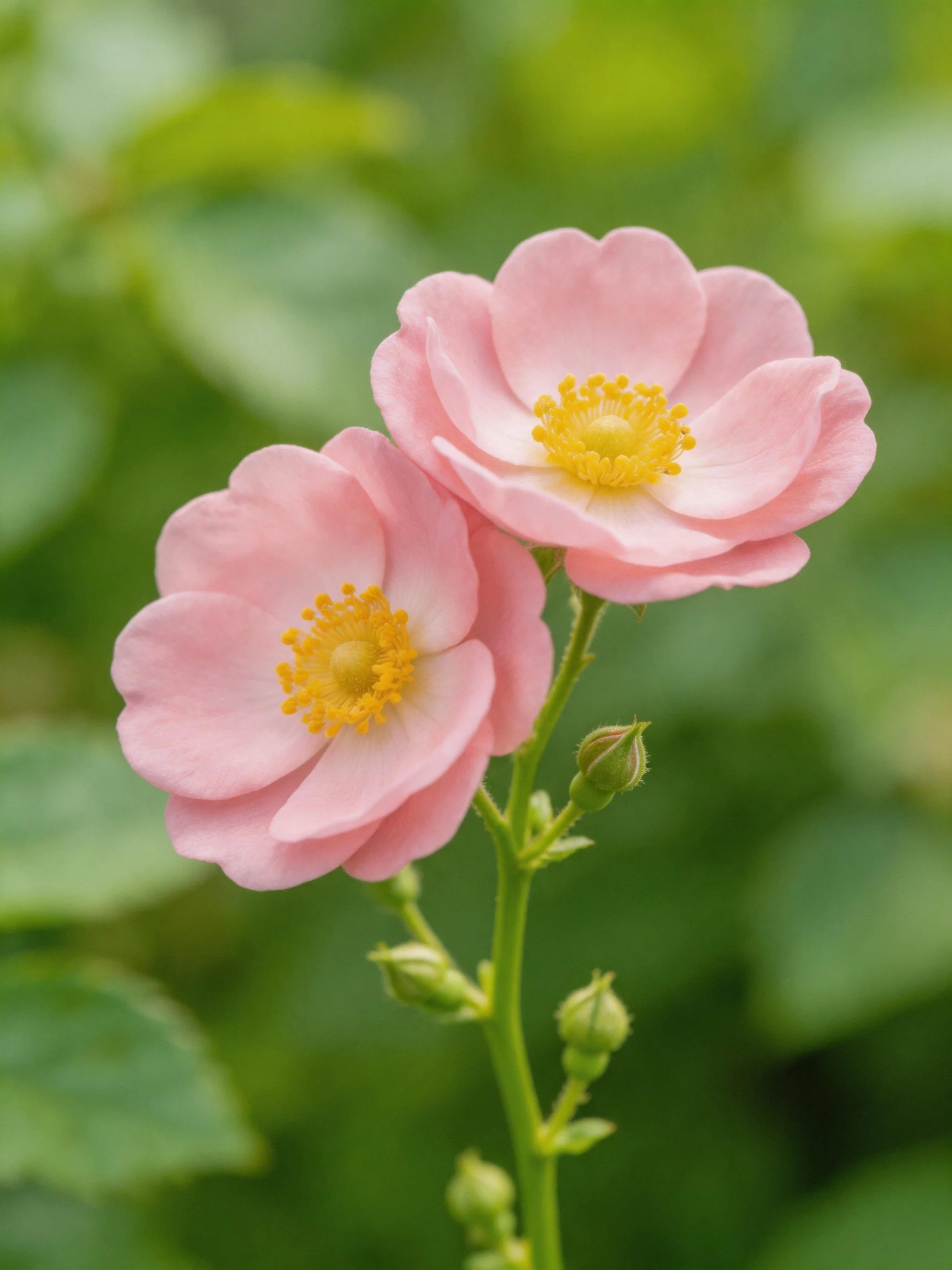 Soft pink flowers blooming with yellow centers amid green foliage.