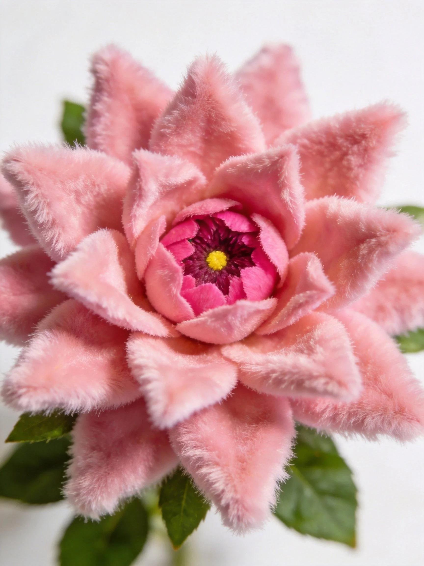 Soft pink fuzzy flower with layered petals and green leaves