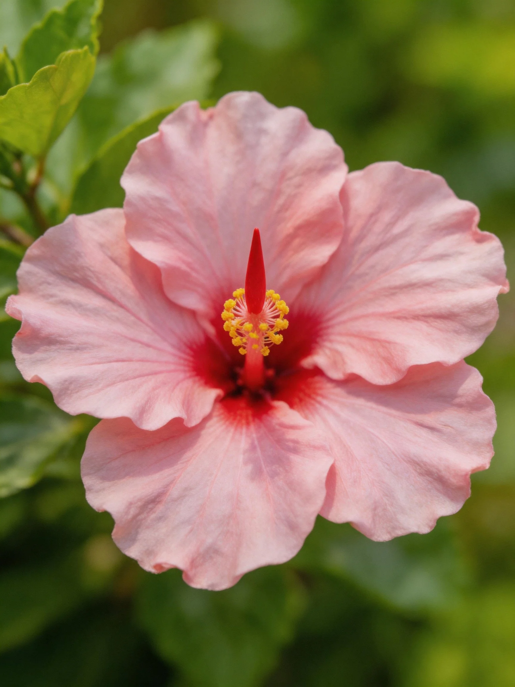 Soft pink hibiscus flower with deep red center