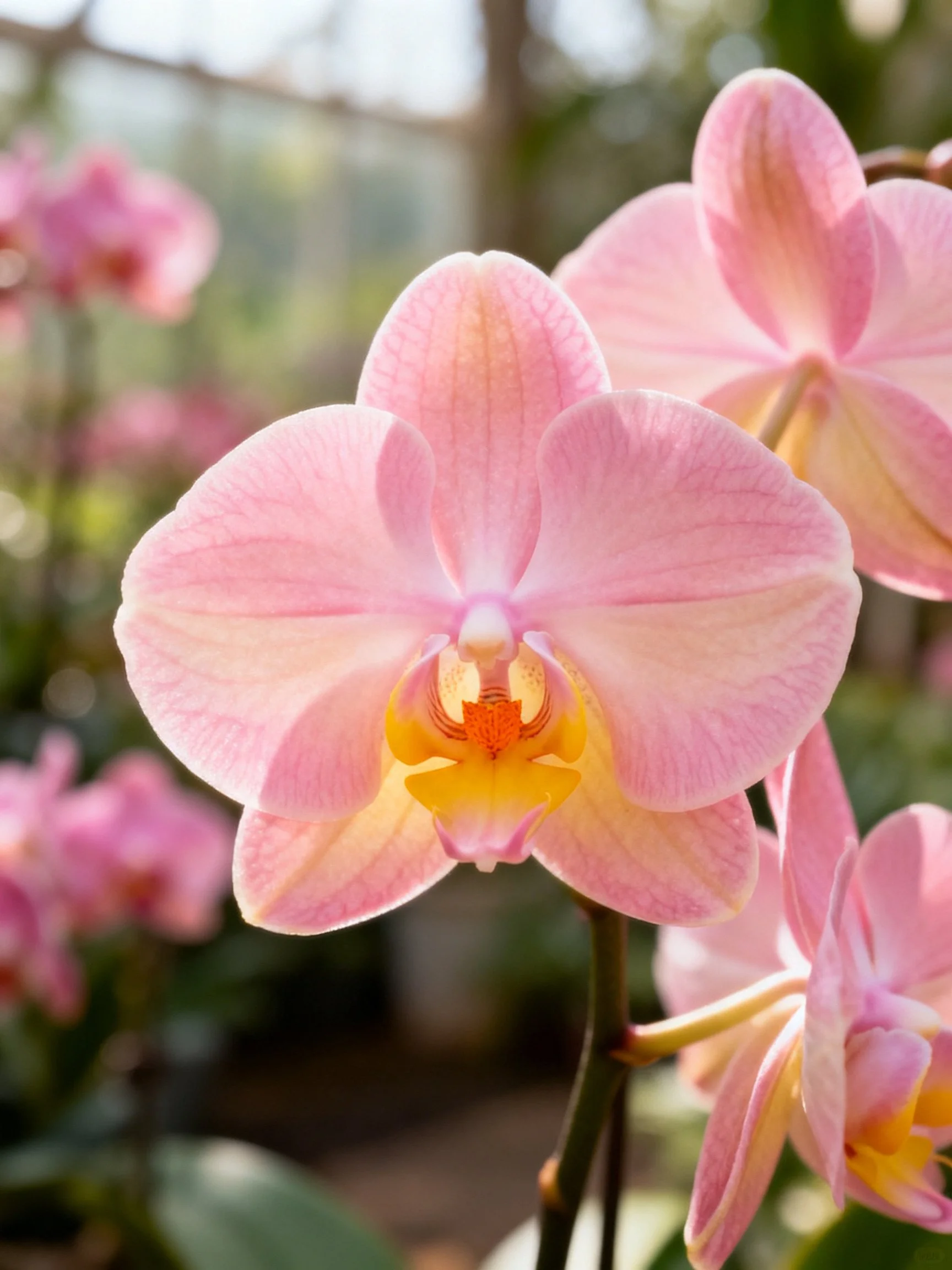 Soft pink orchids with broad petals in a sunlit setting