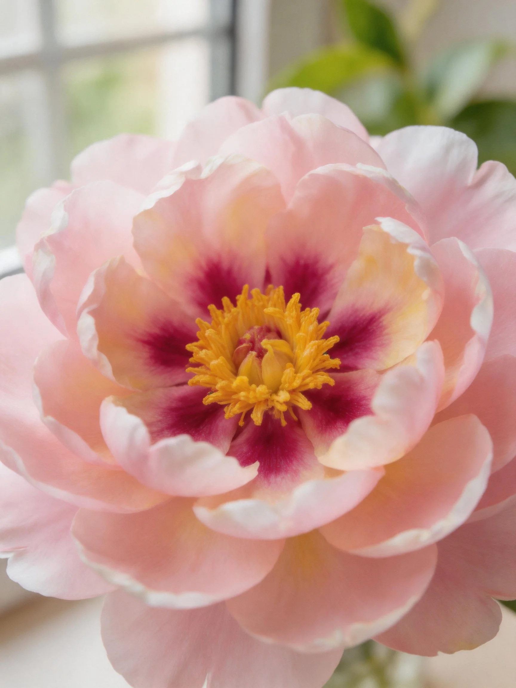 Soft pink peony with maroon center and yellow stamens