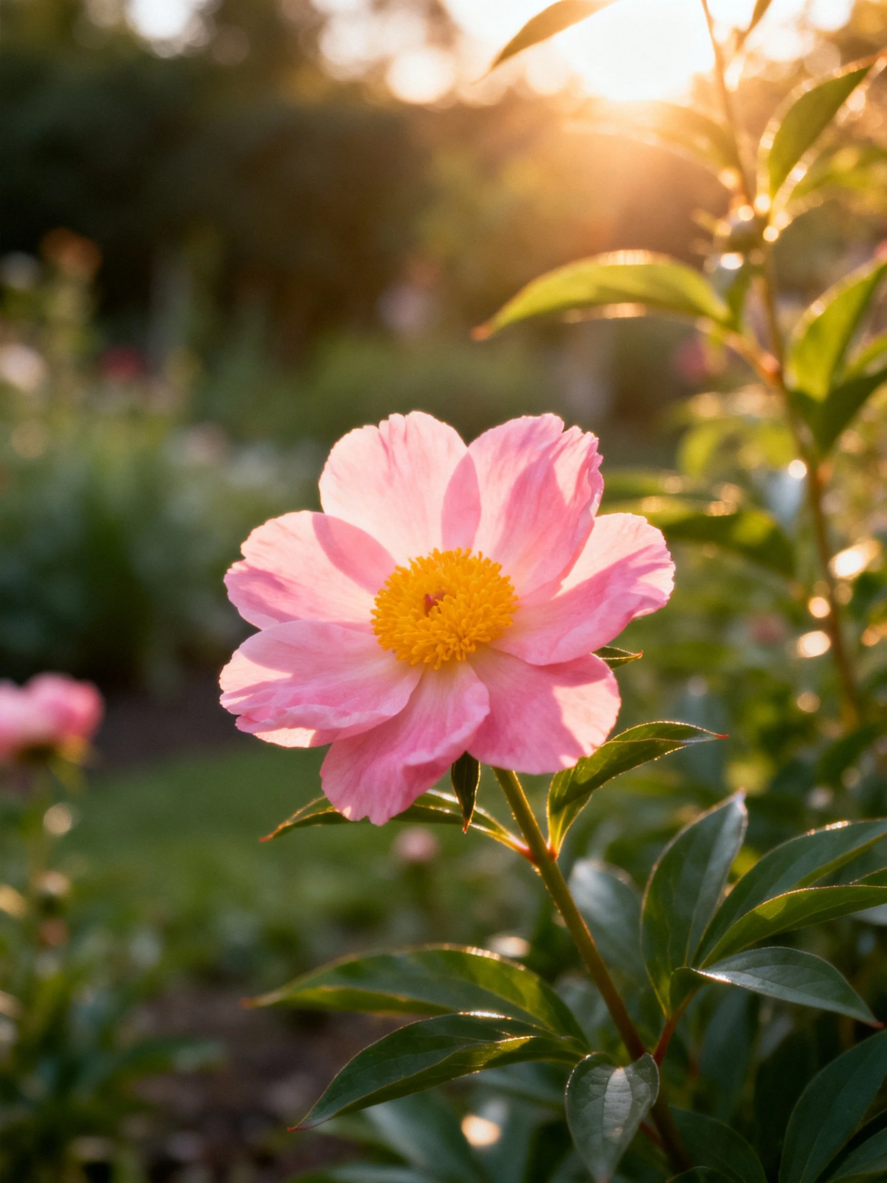 Soft pink peony with yellow center amid green foliage under golden light