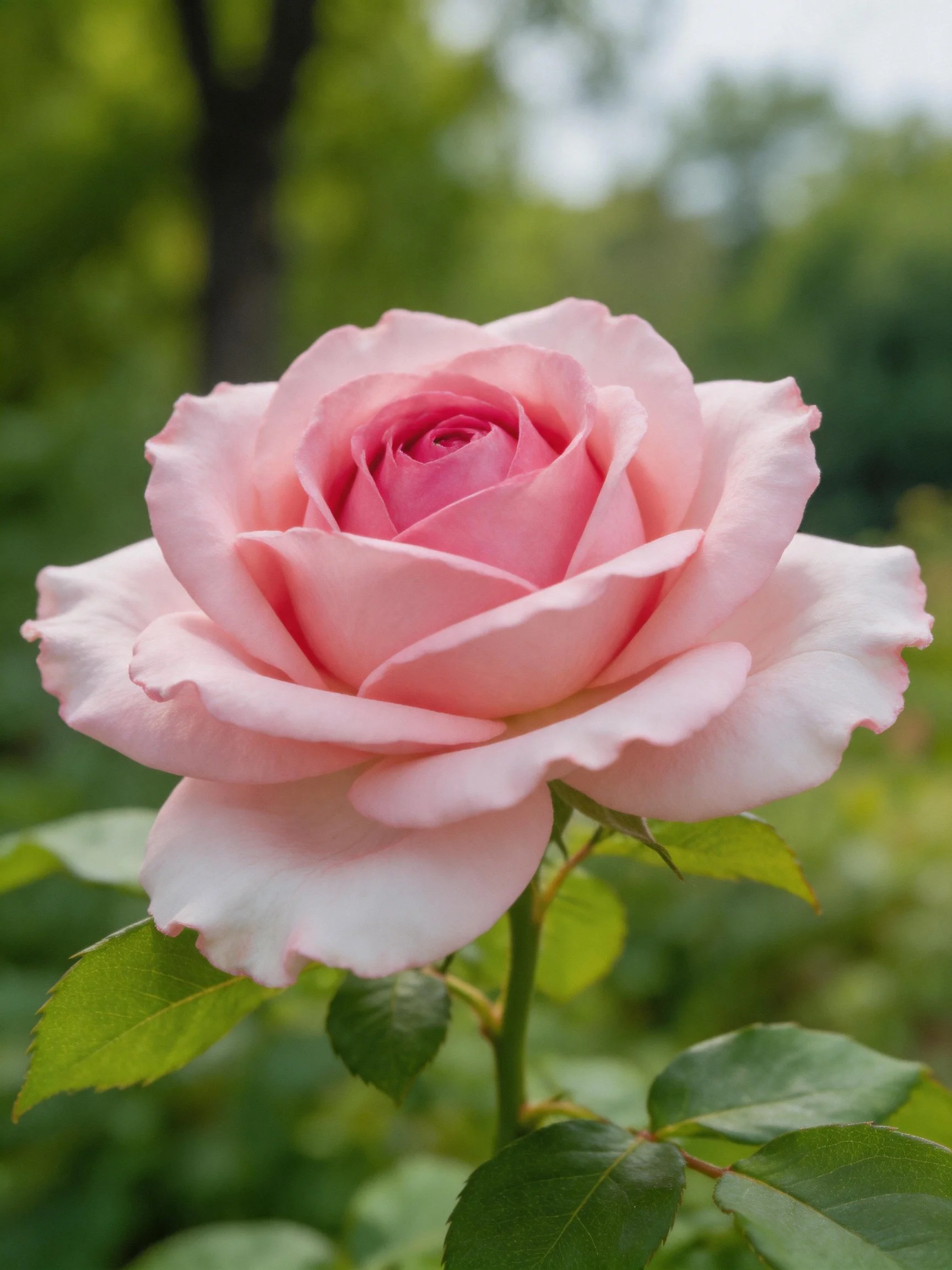 Soft pink rose in full bloom with green foliage