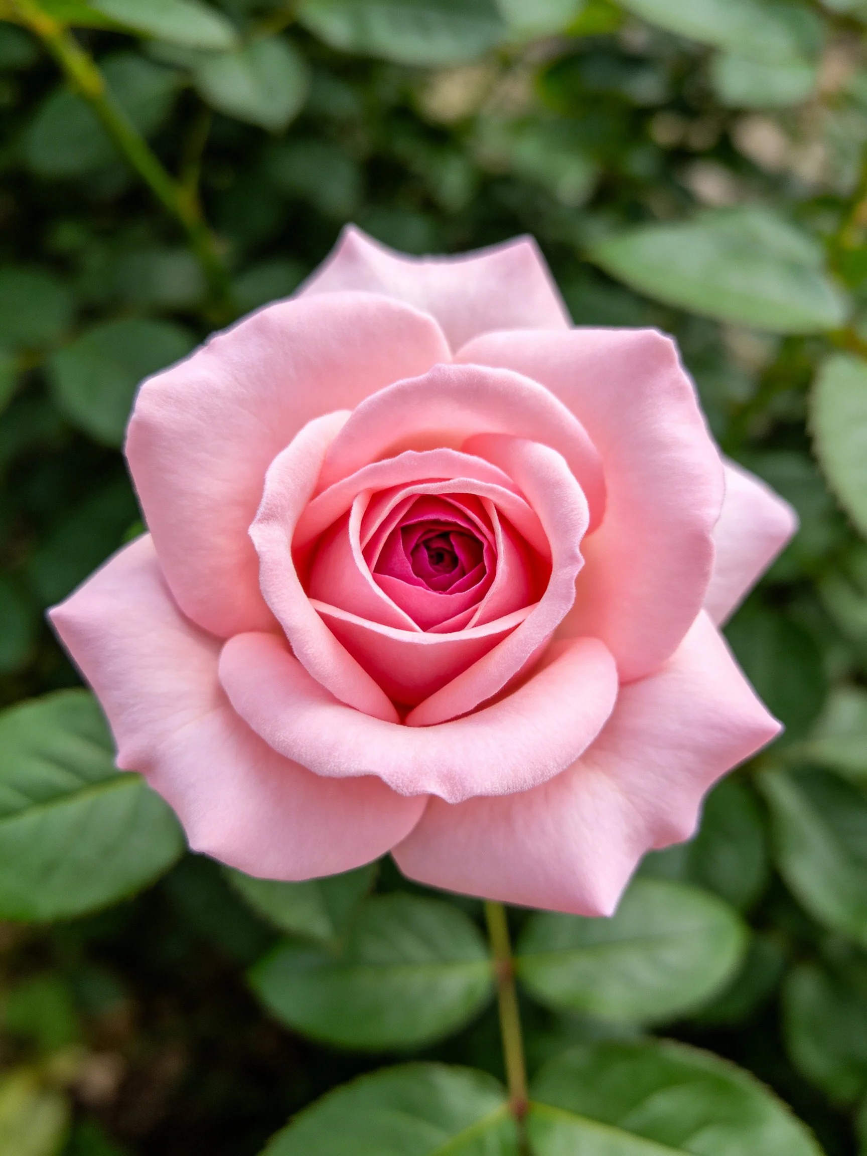 Soft pink rose in full bloom with green foliage