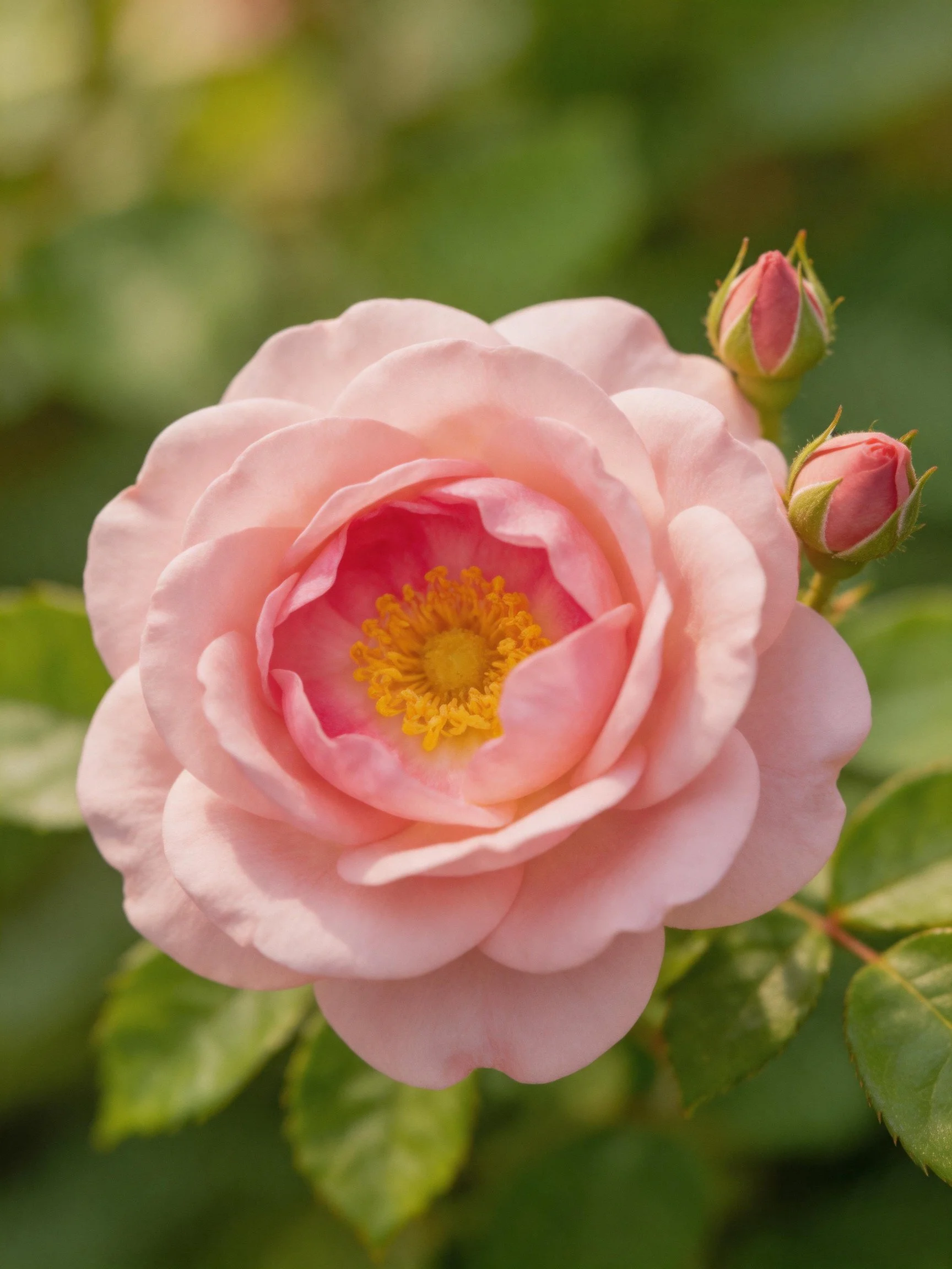 Soft pink rose in full bloom with two unopened buds and green foliage