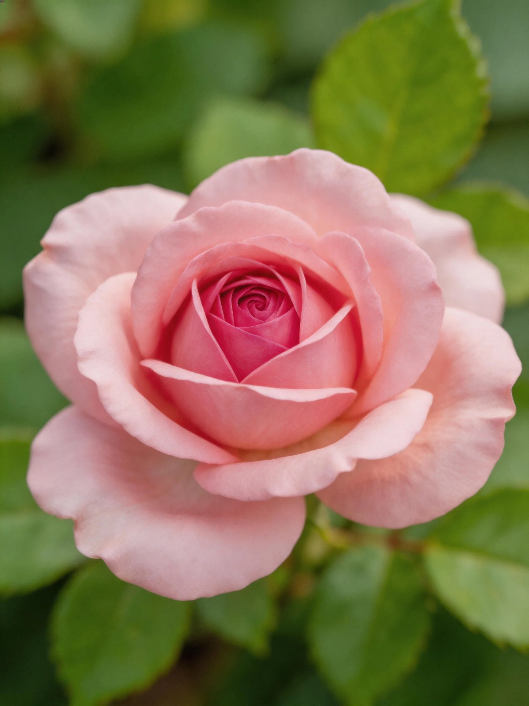 Soft pink rose in full bloom with vibrant green foliage