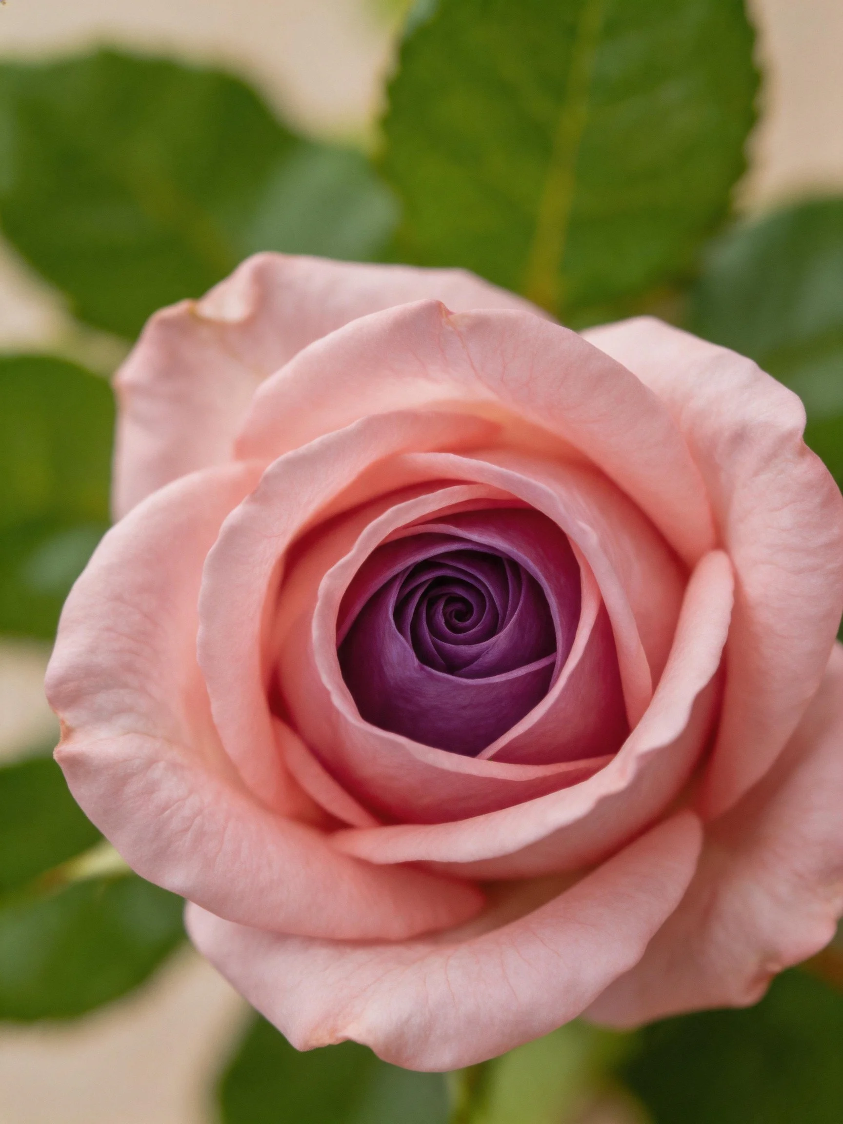 Soft pink rose with deep purple center and green leaves