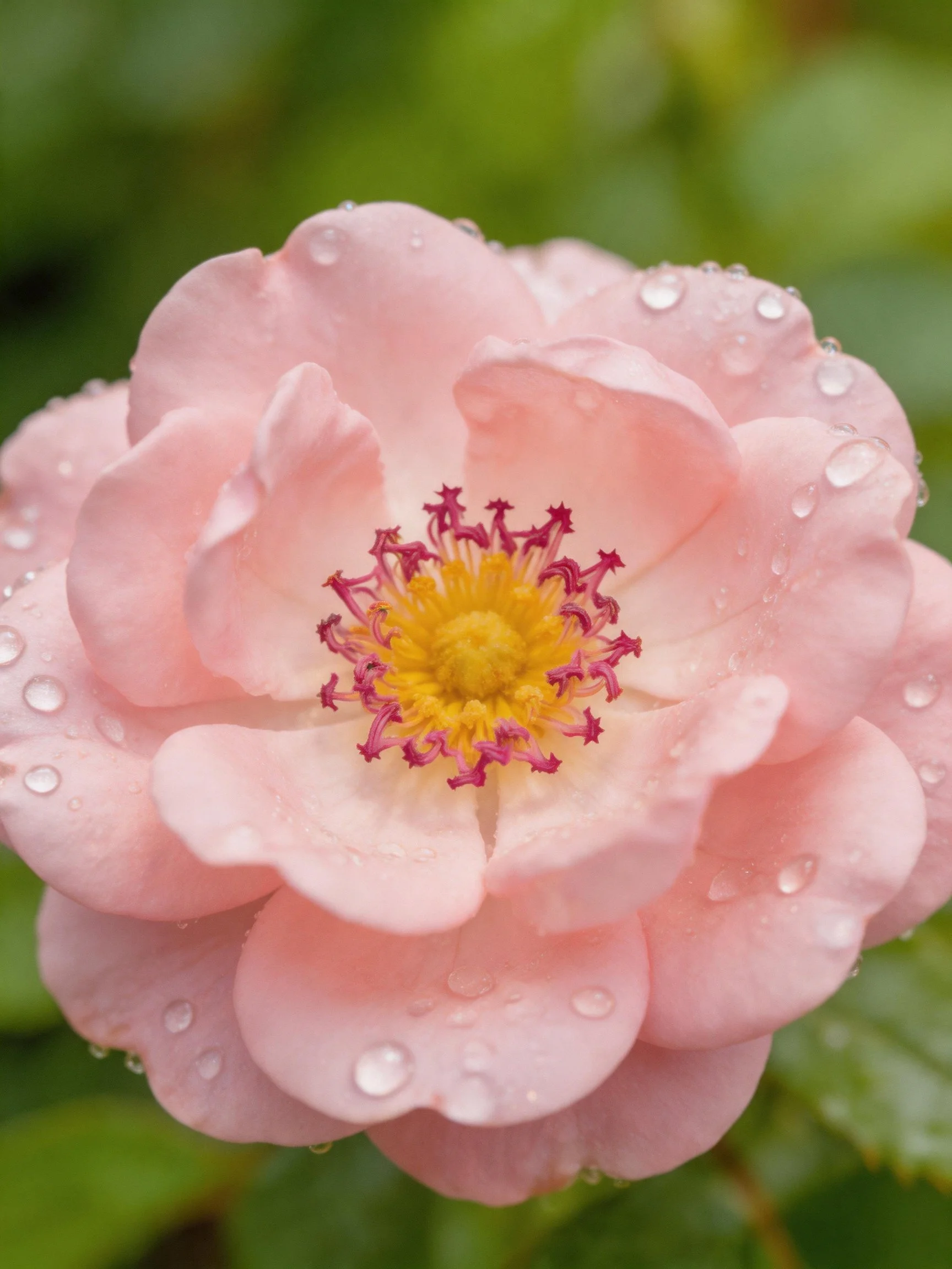 Soft pink rose with dew drops, layered petals, vibrant center.
