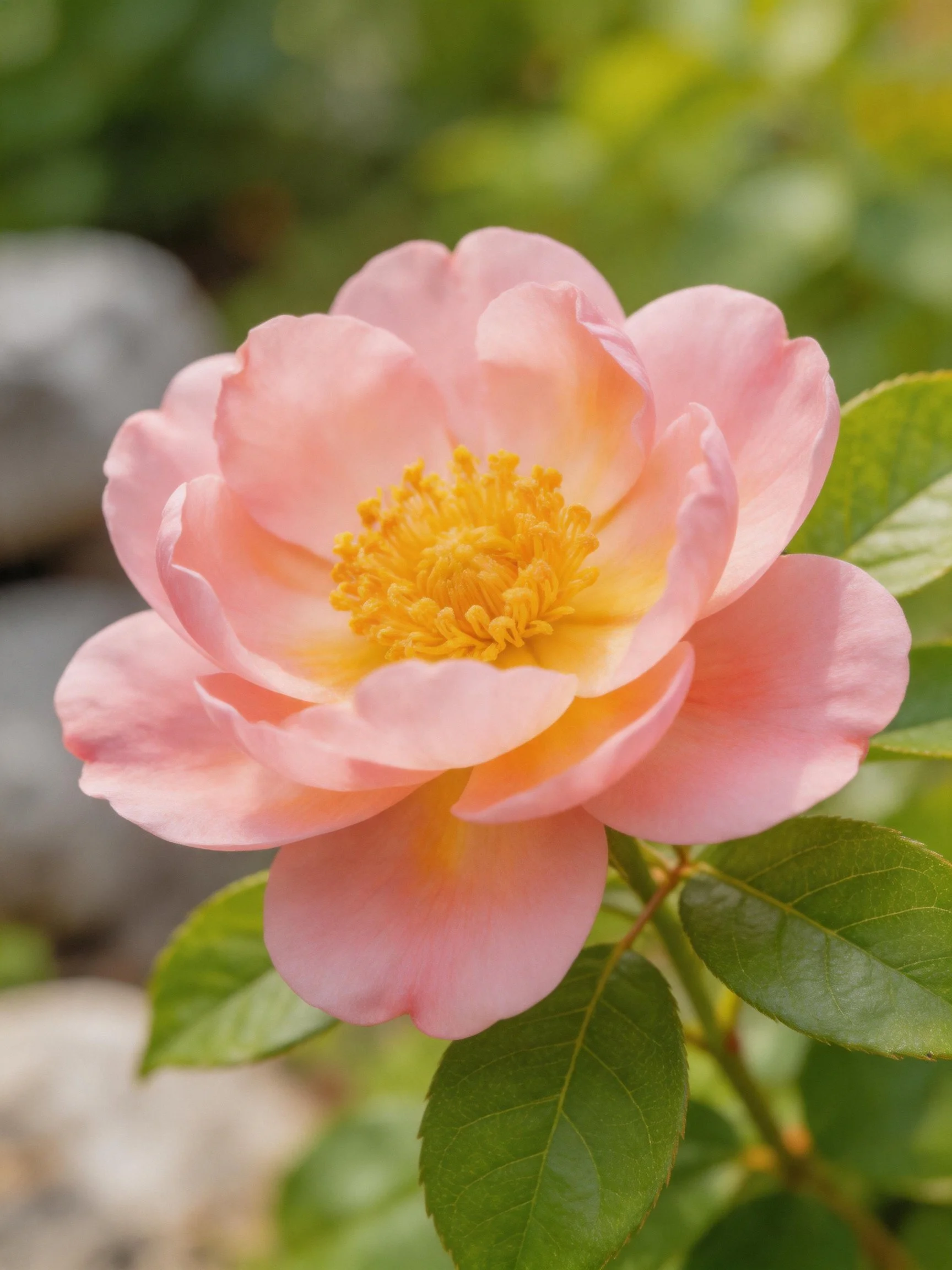 Soft pink rose with golden center and lush green leaves