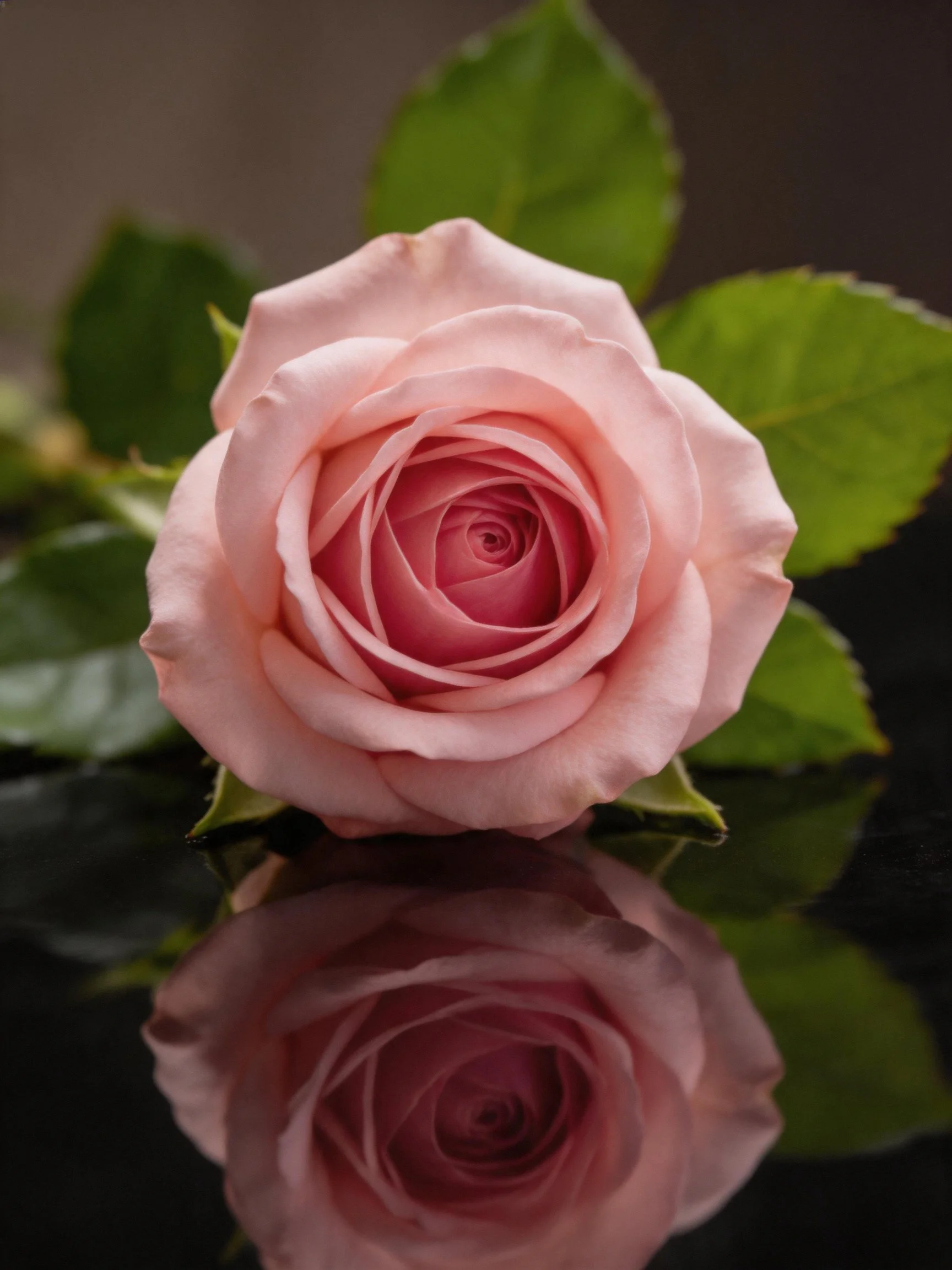 Soft pink rose with green leaves and reflection