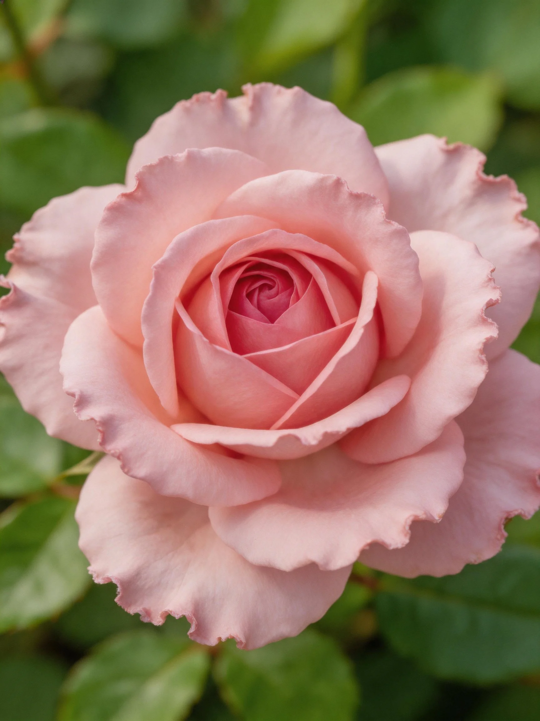 Soft pink rose with layered petals against green foliage