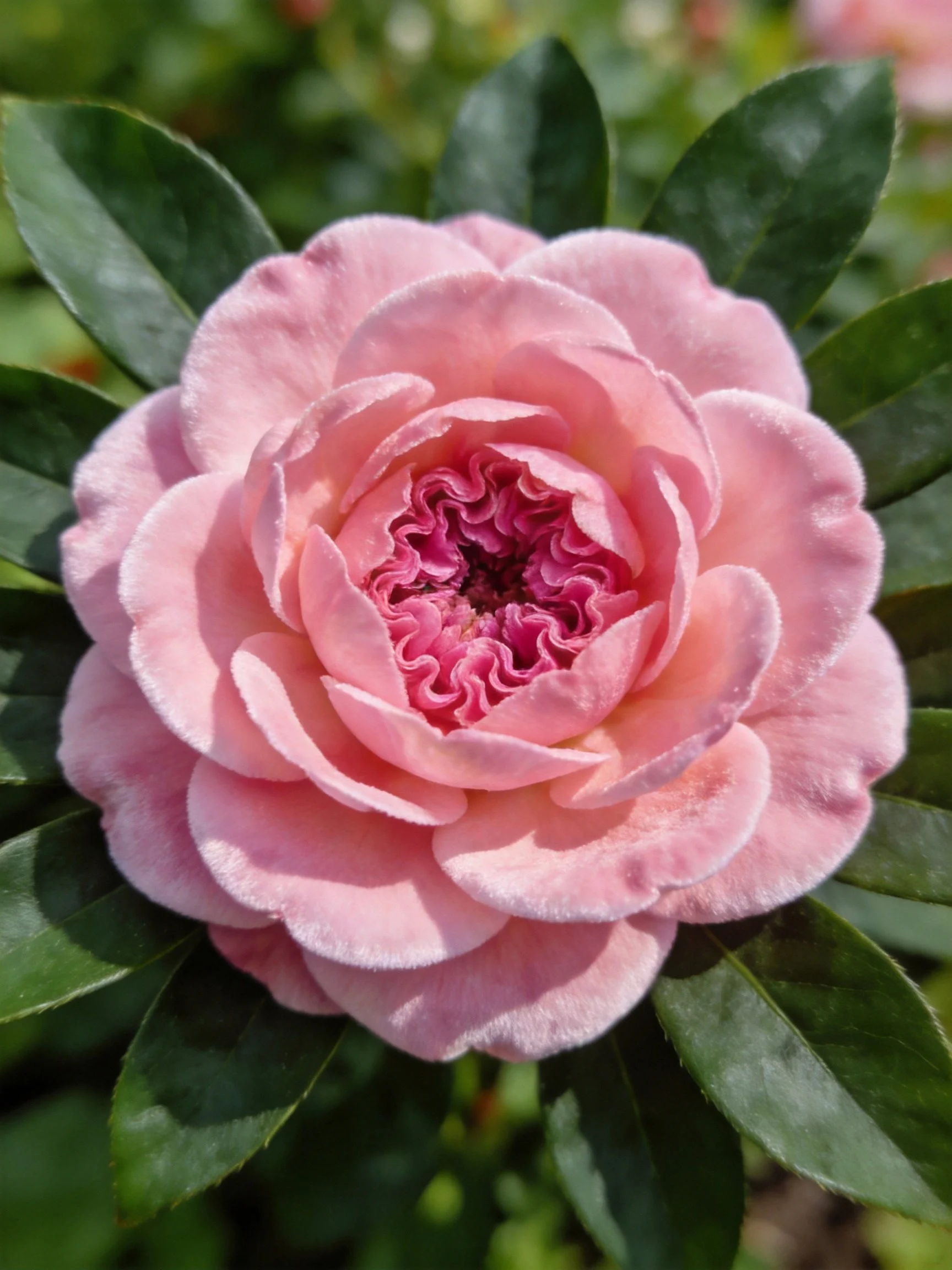 Soft pink rose with layered petals and dark green leaves