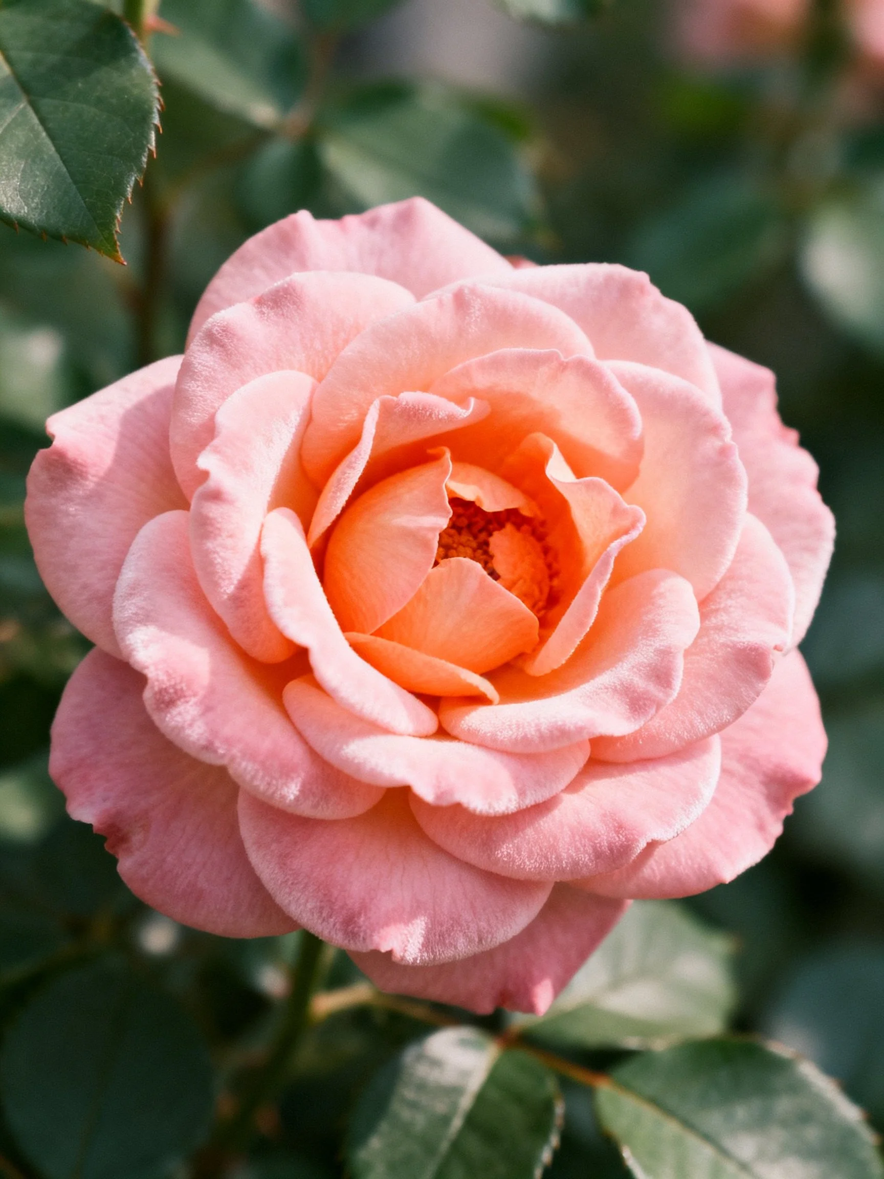 Soft pink rose with layered petals and green foliage