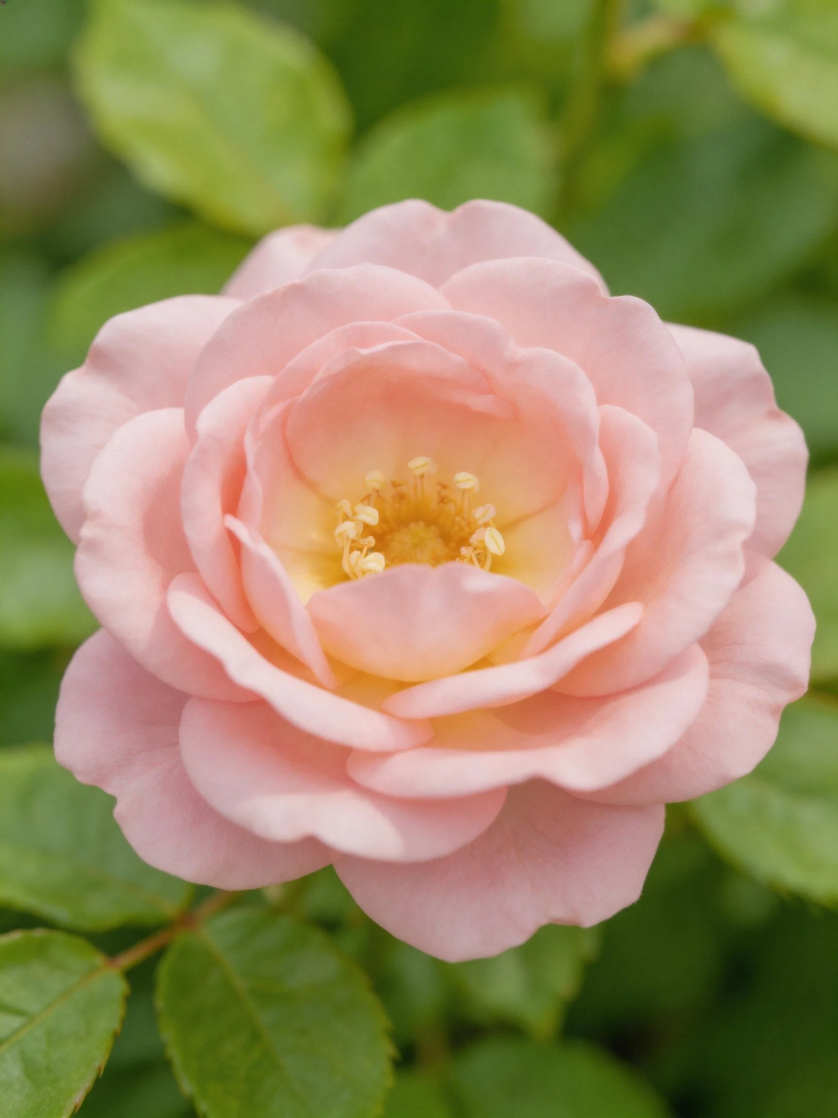 Soft pink rose with layered petals and green foliage