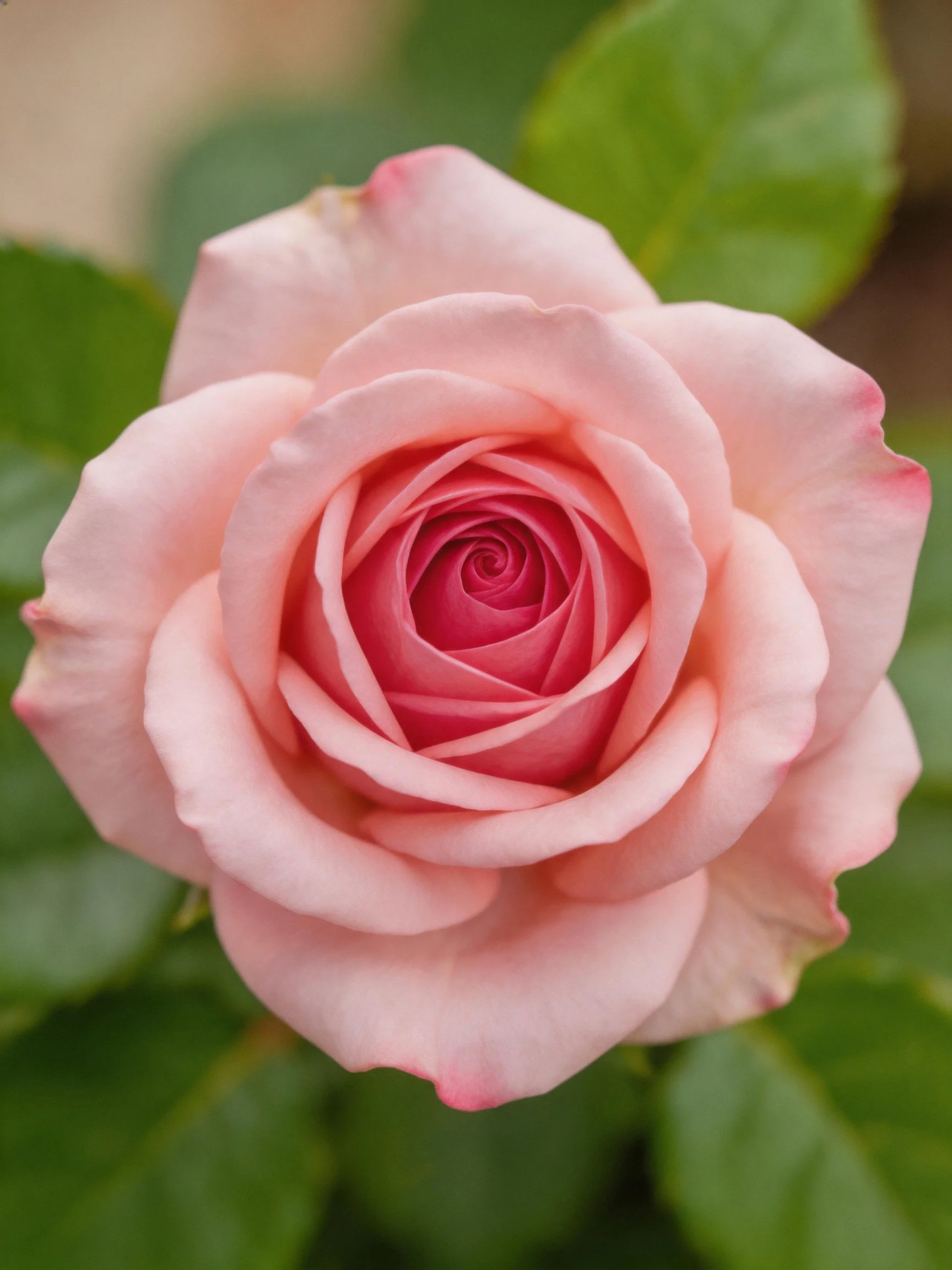 Soft pink rose with layered petals and green leaves