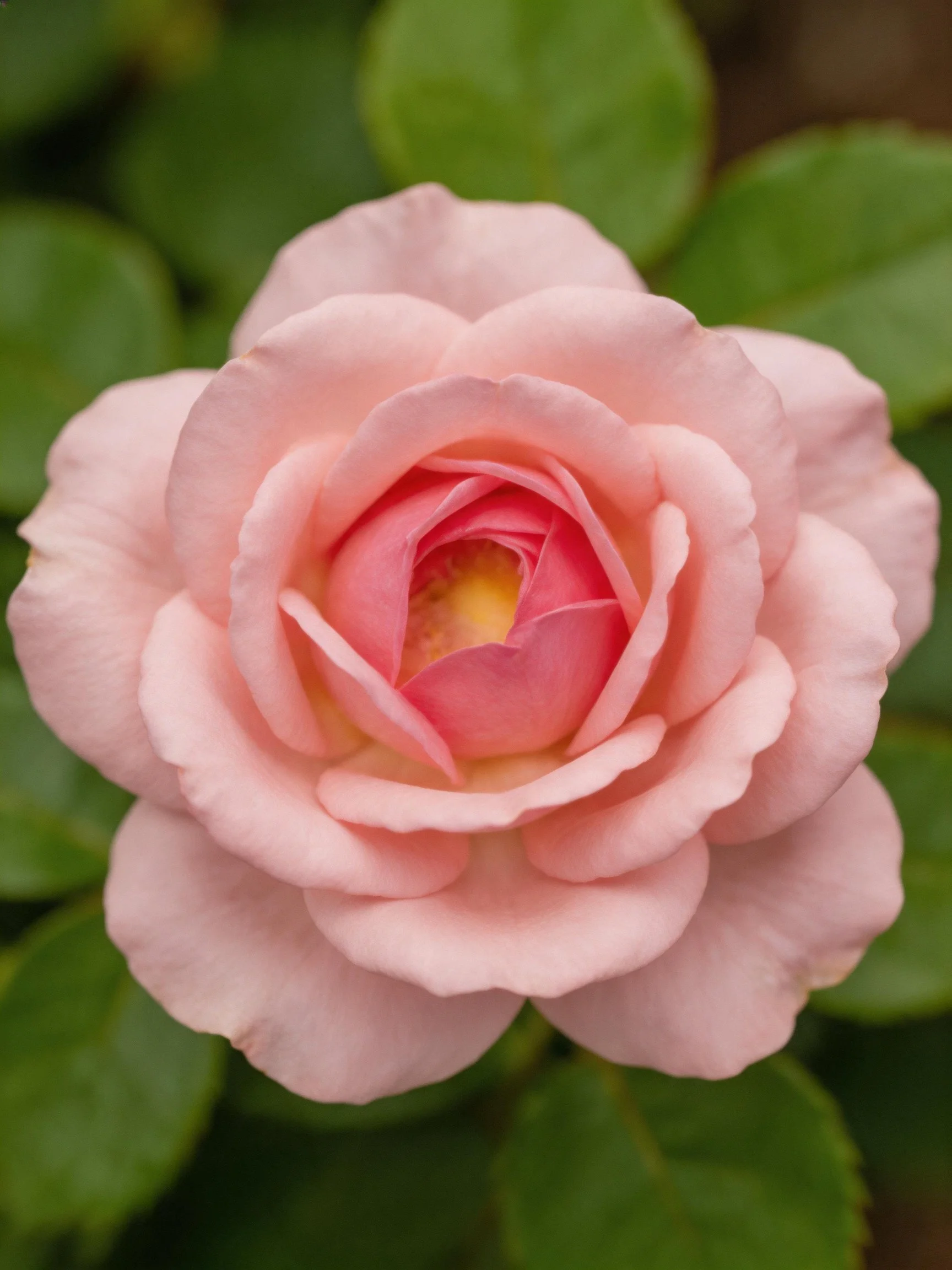 Soft pink rose with layered petals surrounded by green leaves