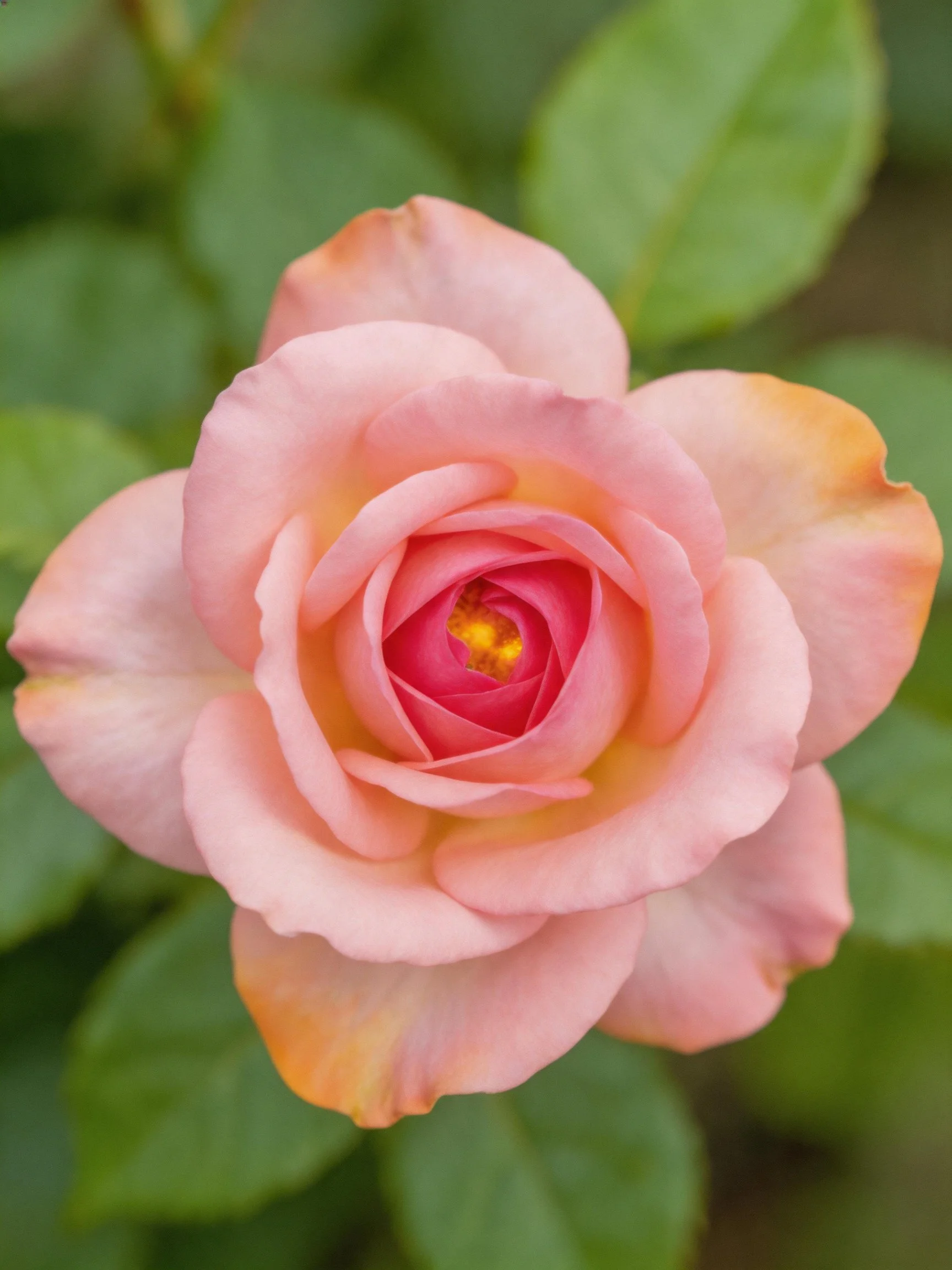 Soft pink rose with orange petal edges and green leaves
