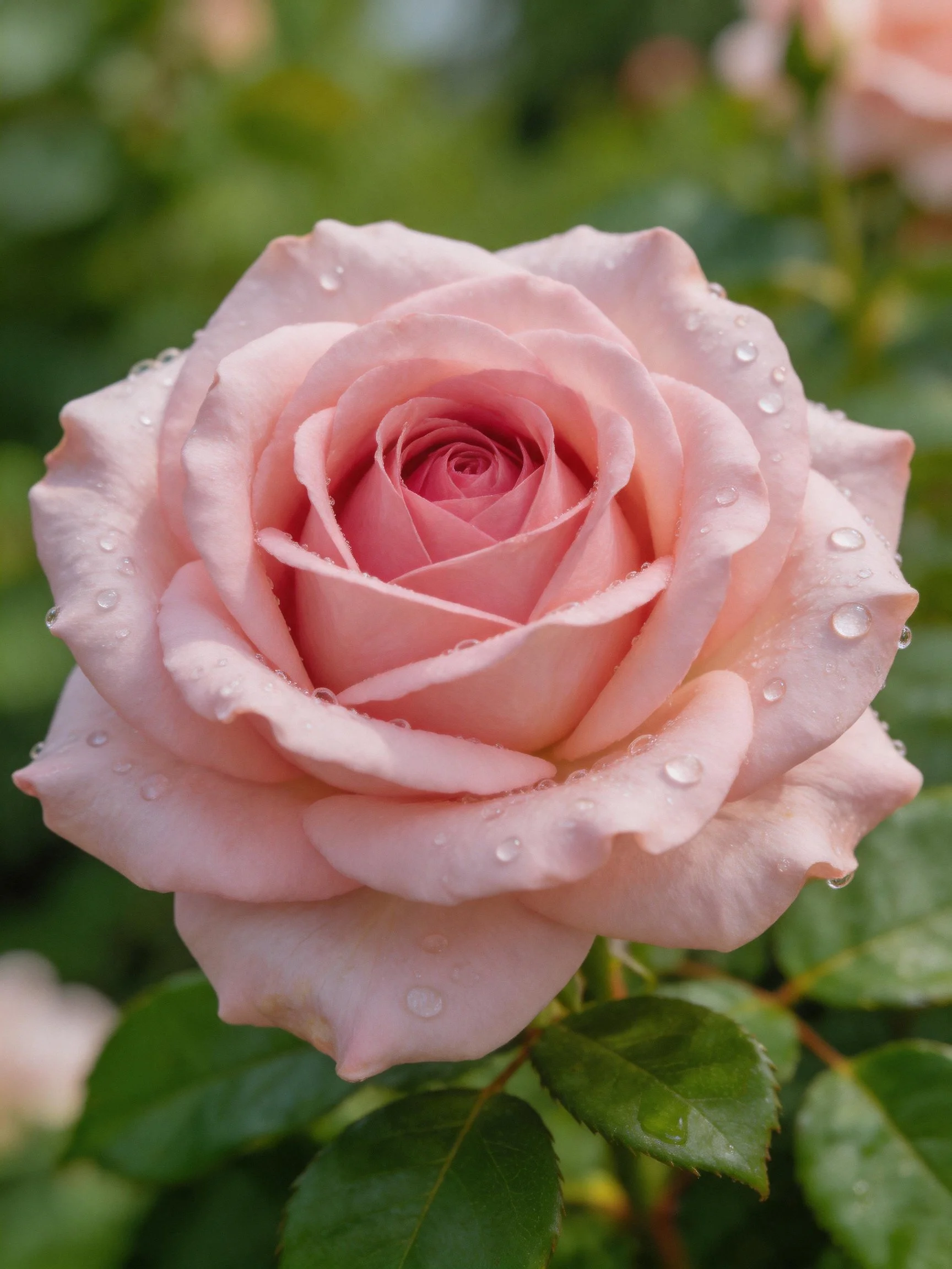 Soft pink rose with shimmering water droplets