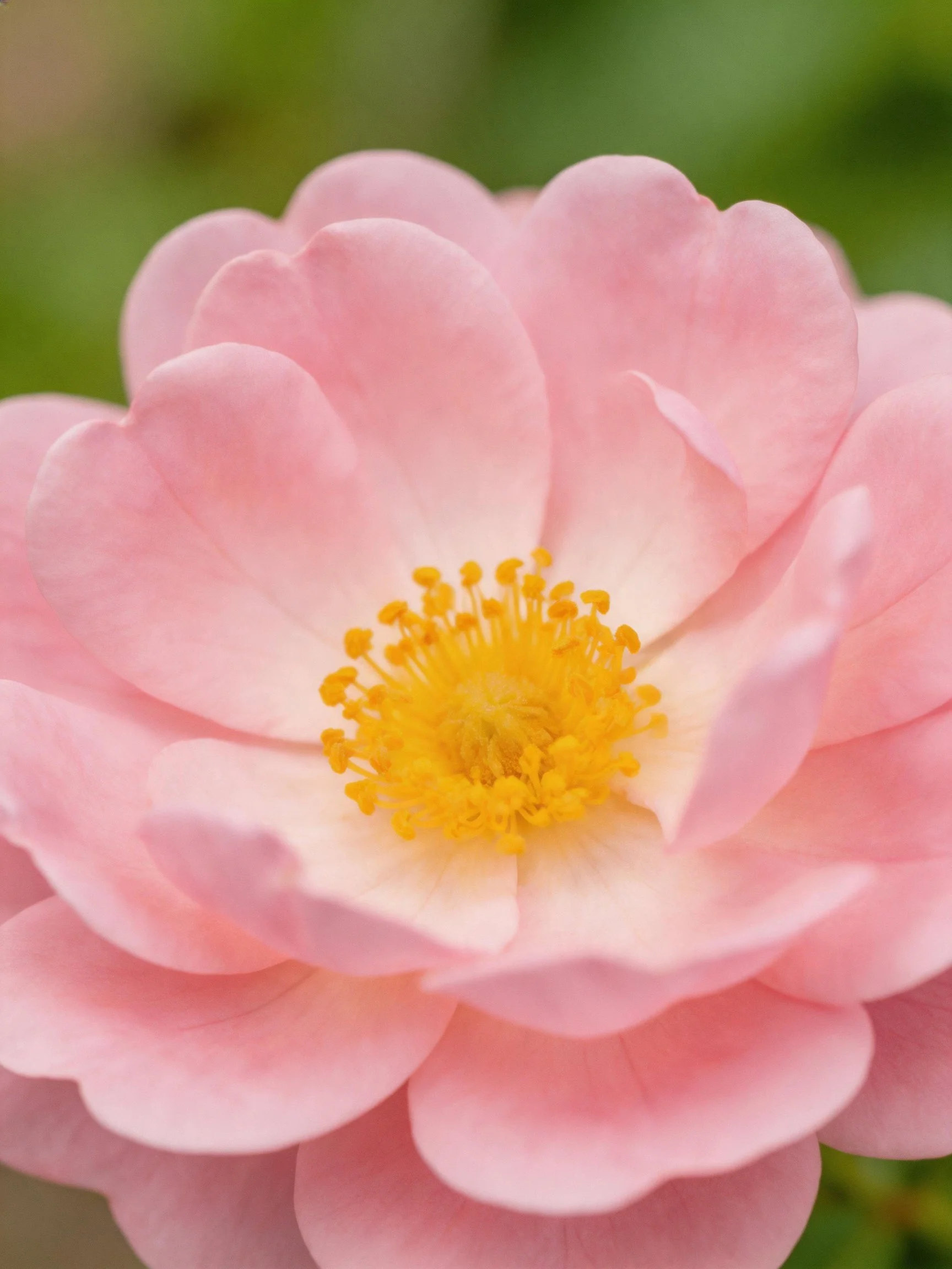 Soft pink rose with vibrant yellow central stamens