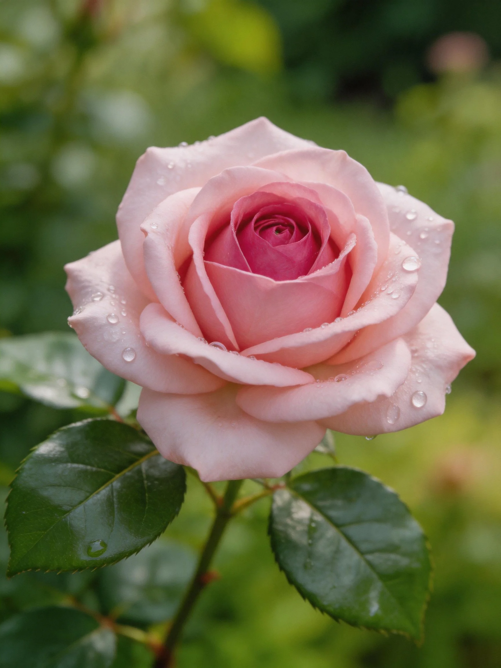 Soft pink rose with water droplets and glossy green leaves