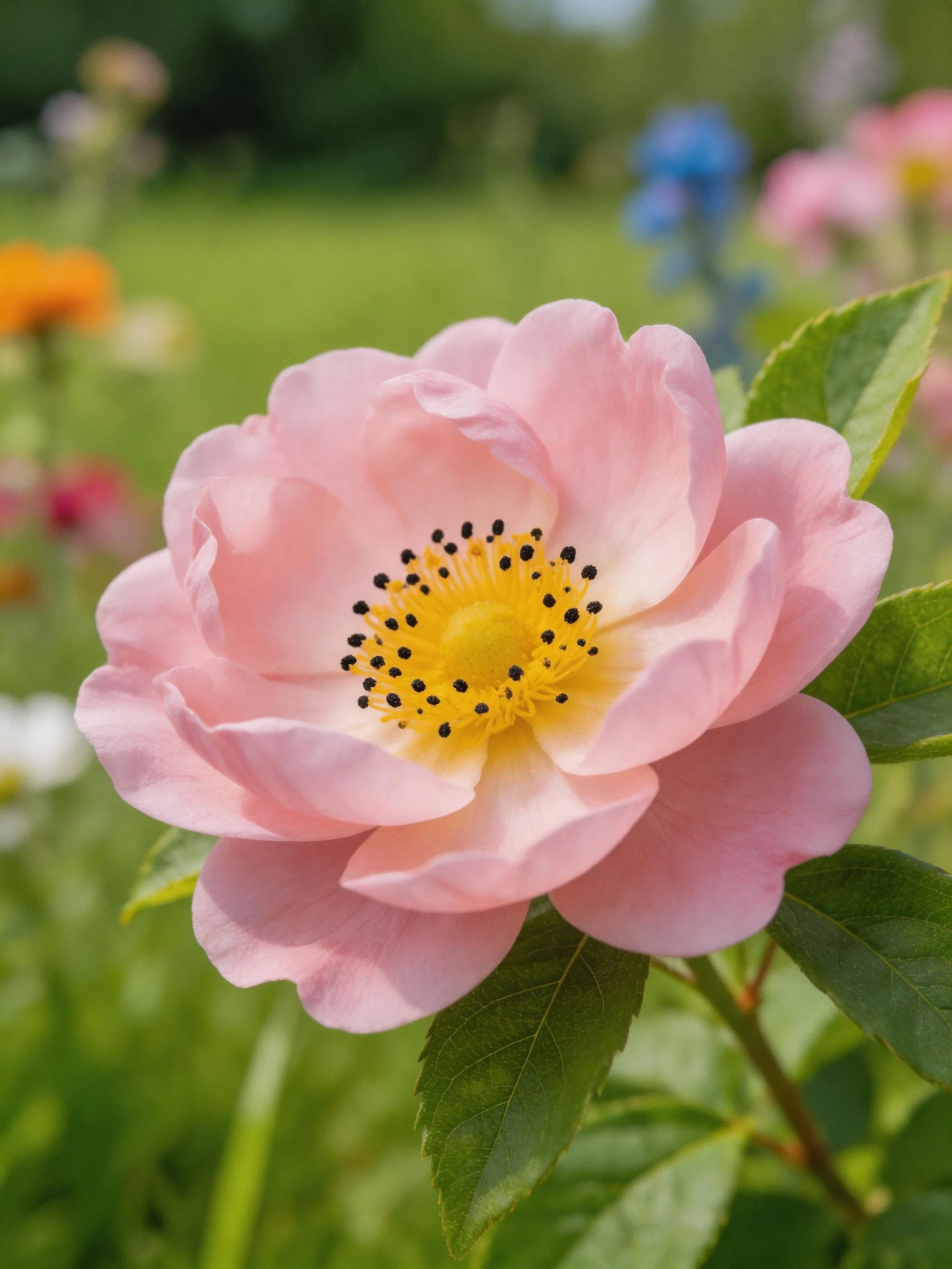 Soft pink rose with yellow center in a garden