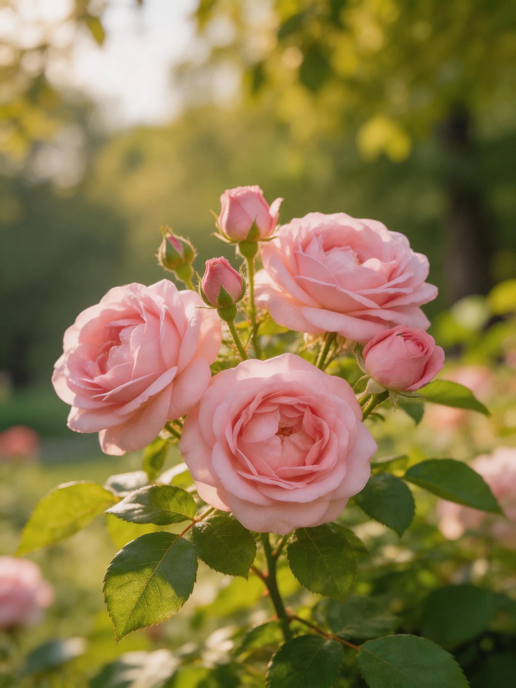 Soft pink roses bloom with green foliage under sunlight
