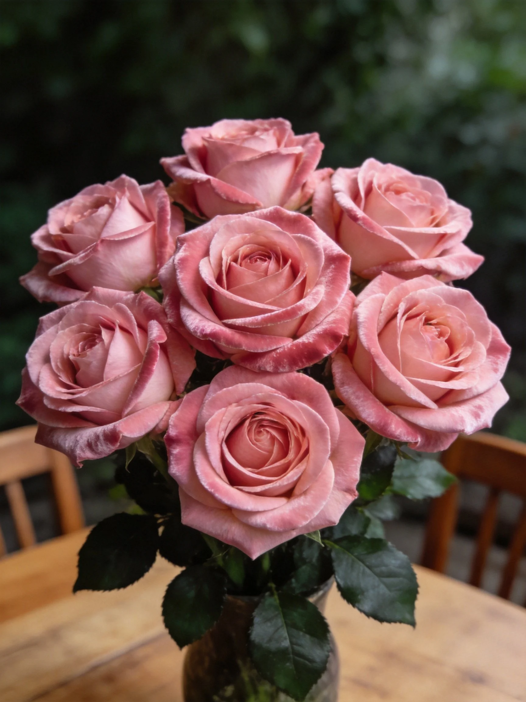 Soft pink roses in a glass vase on a wooden table