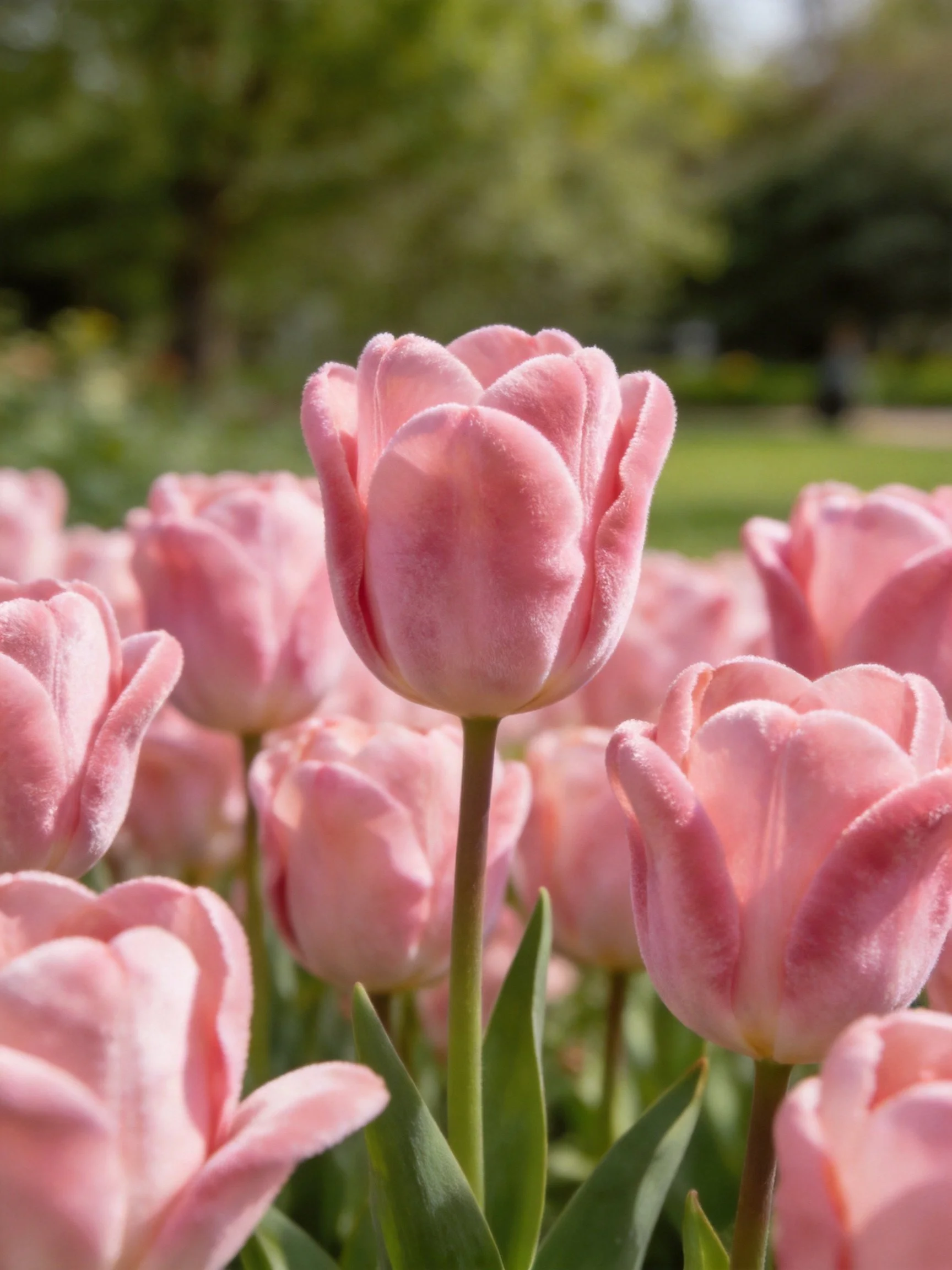 Soft pink tulips clustered in a sunlit garden