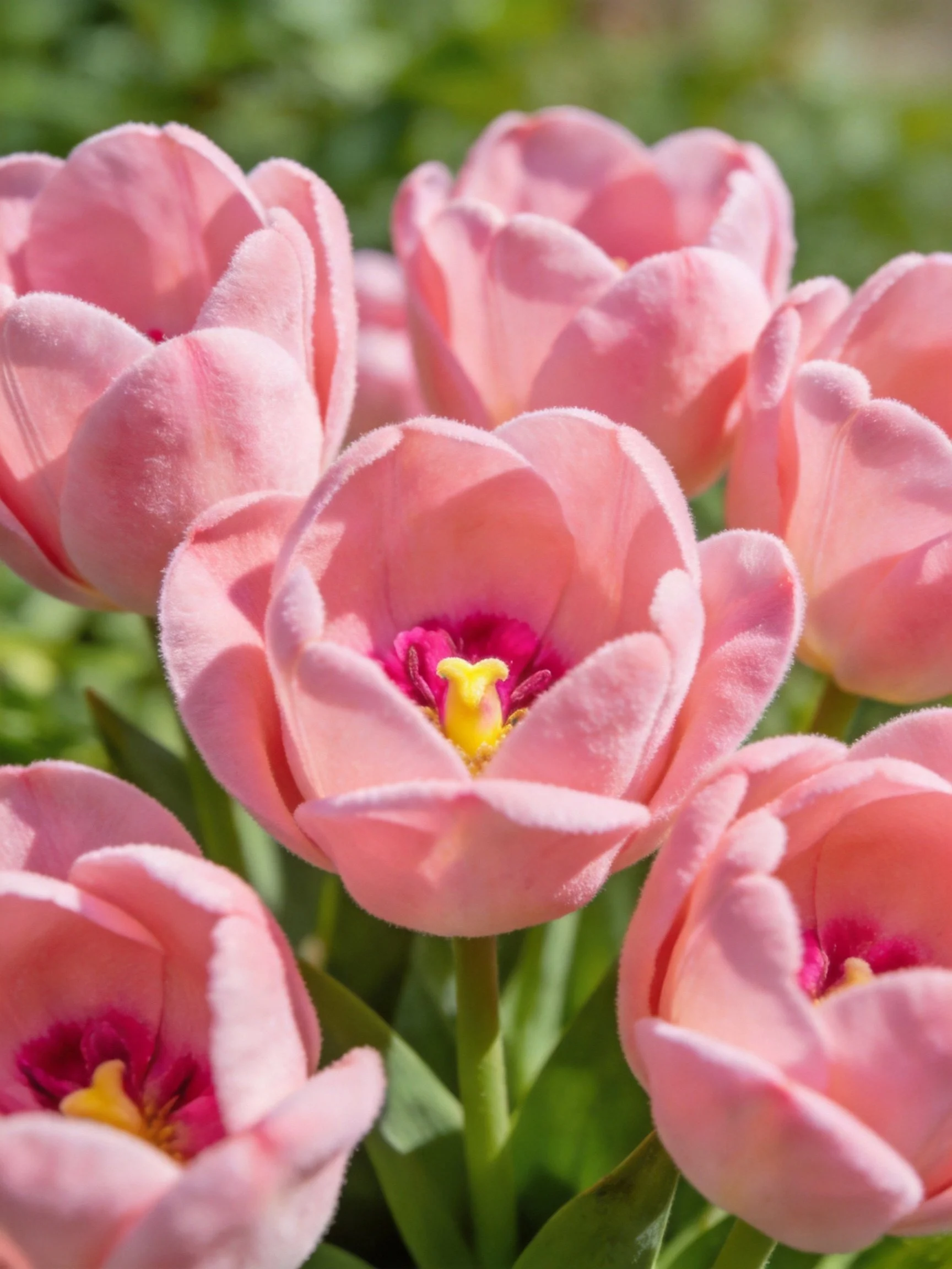 Soft pink tulips with vibrant centers and green stems