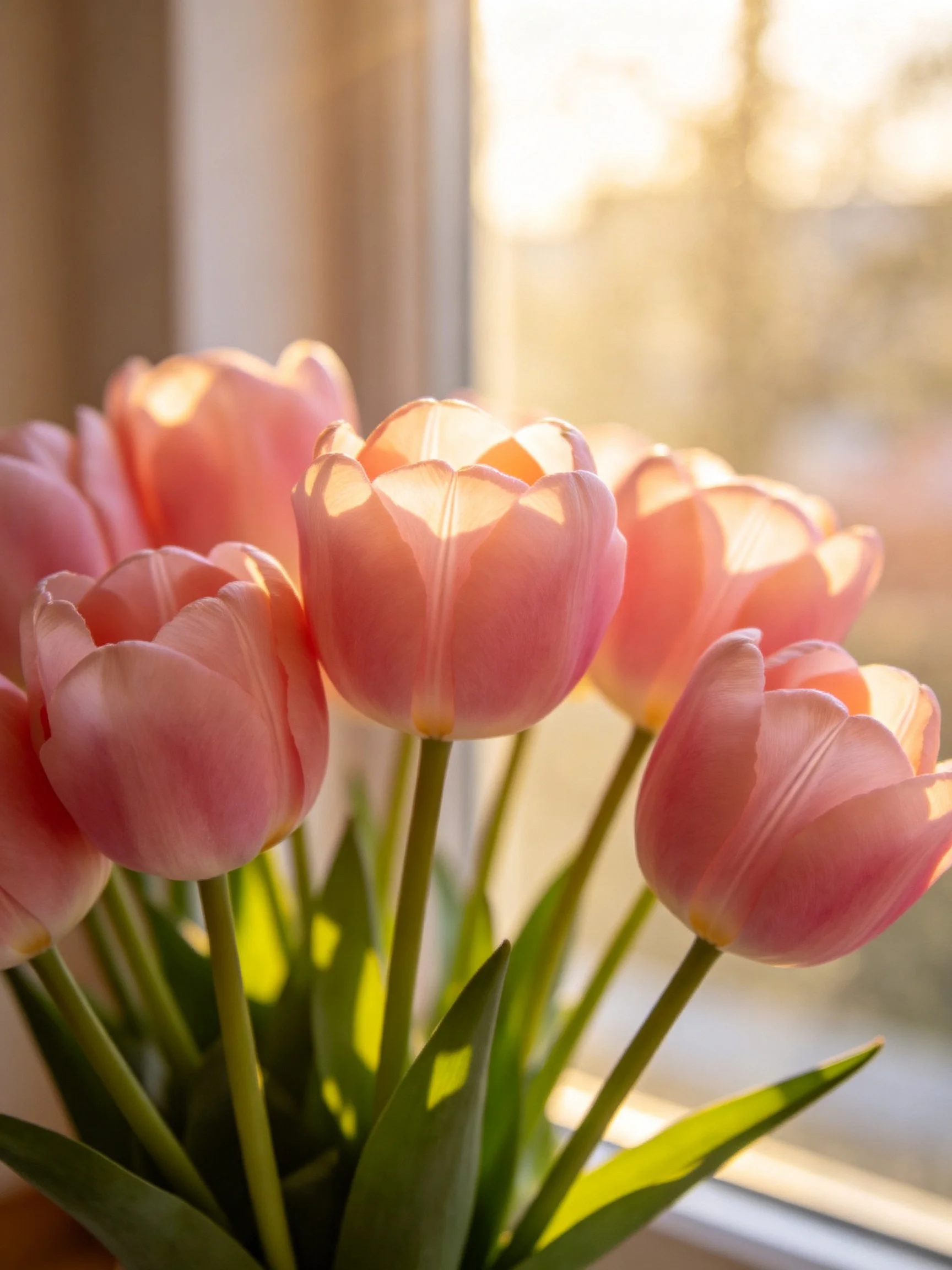 Softly lit pink tulip bouquet by a sunlit window