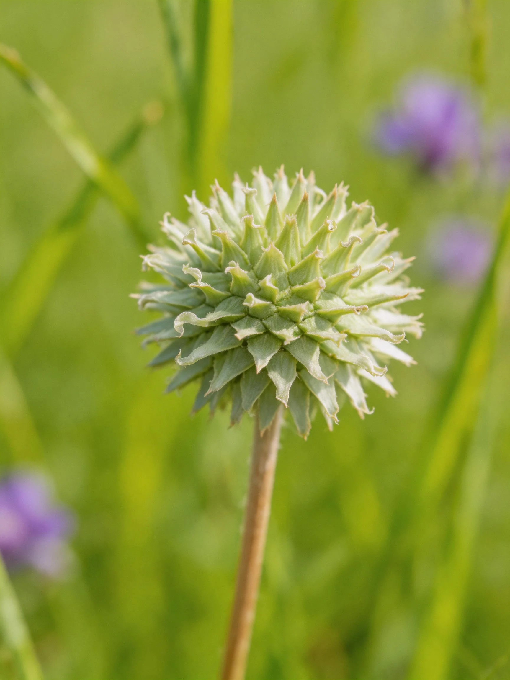 Spherical greenish flower bud on brown stem, blurred green backdrop