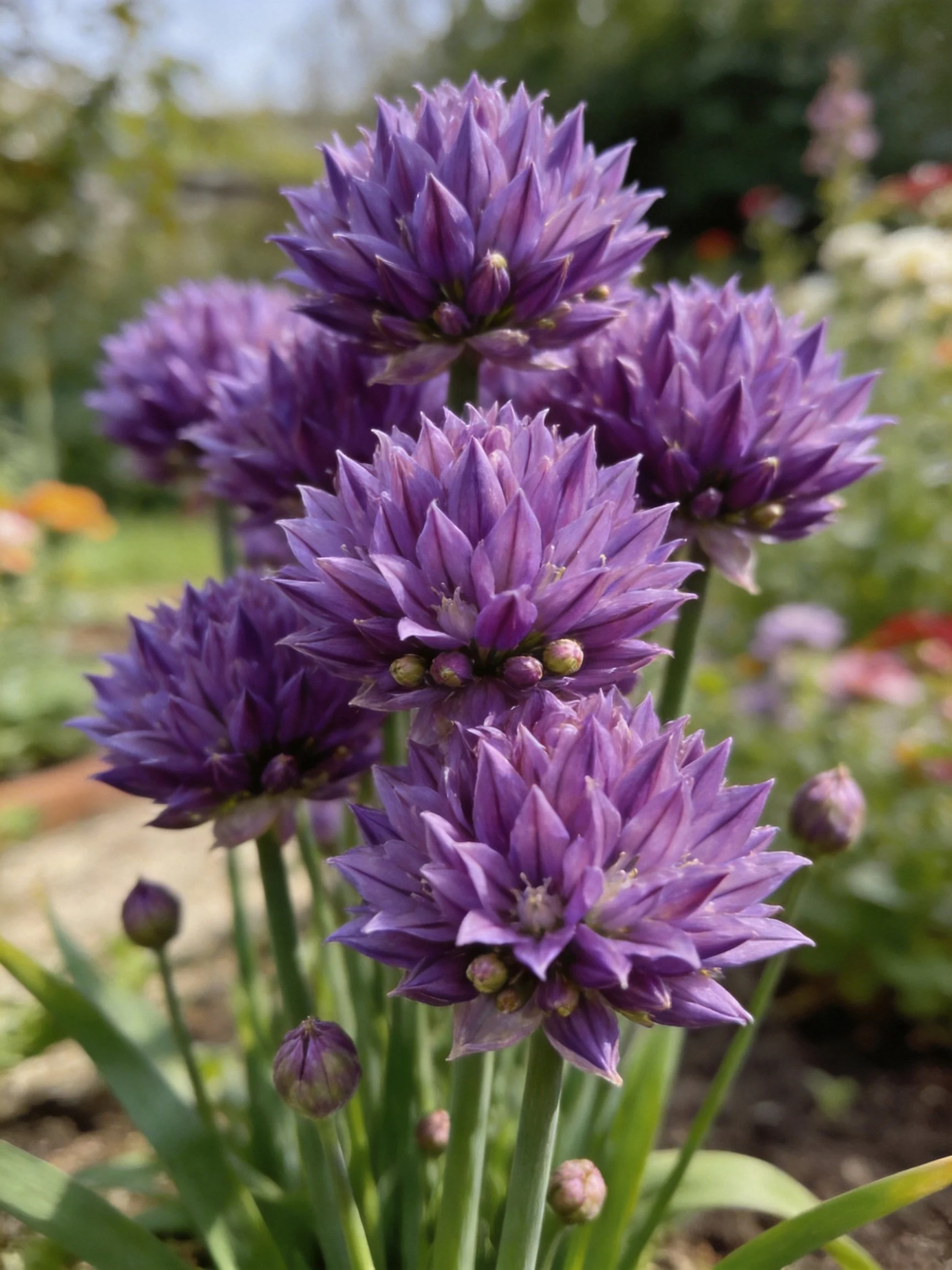 Spherical purple allium flower clusters bloom densely in a garden