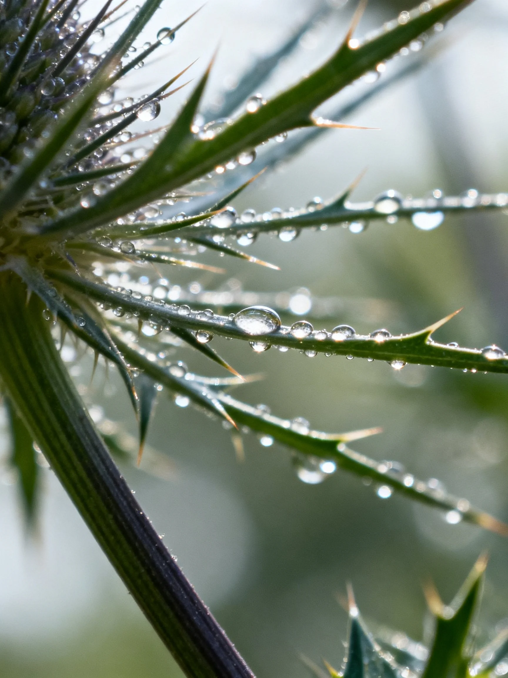 Spiky green plant leaves adorned with numerous clear water droplets