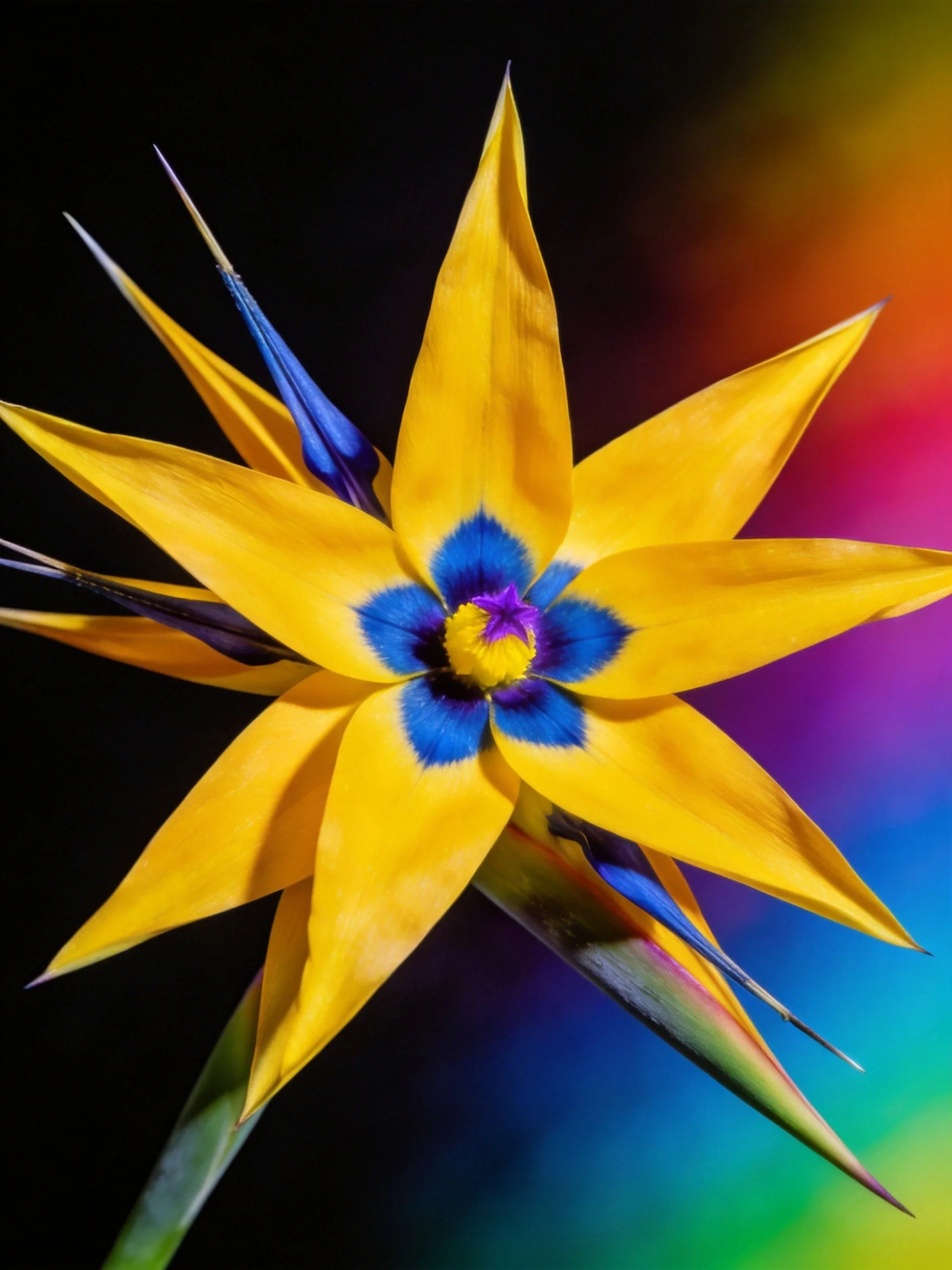 Star - shaped flower with vivid yellow petals and blue - purple center