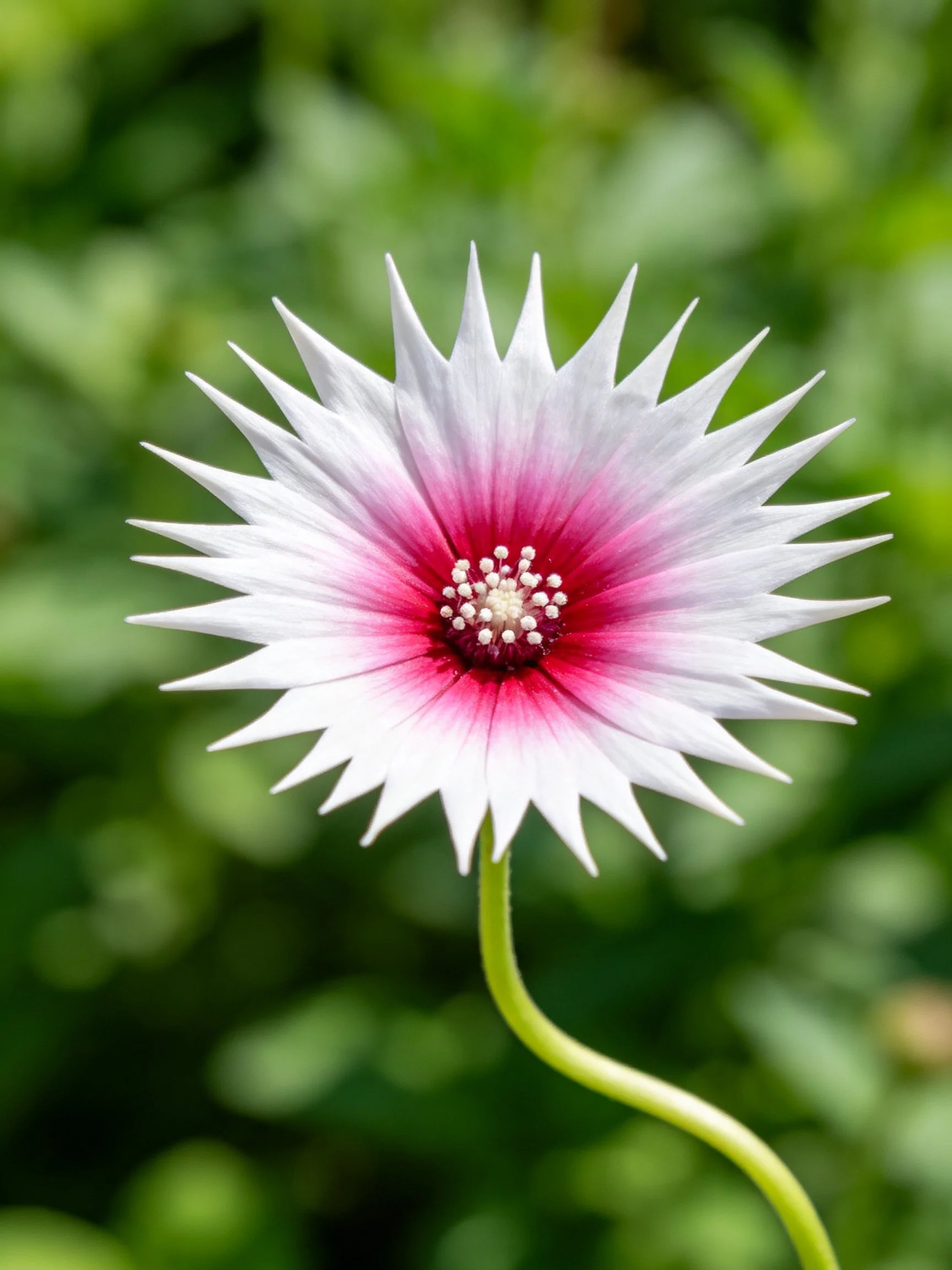 Star - shaped flower with white petals and pink center, curved green stem