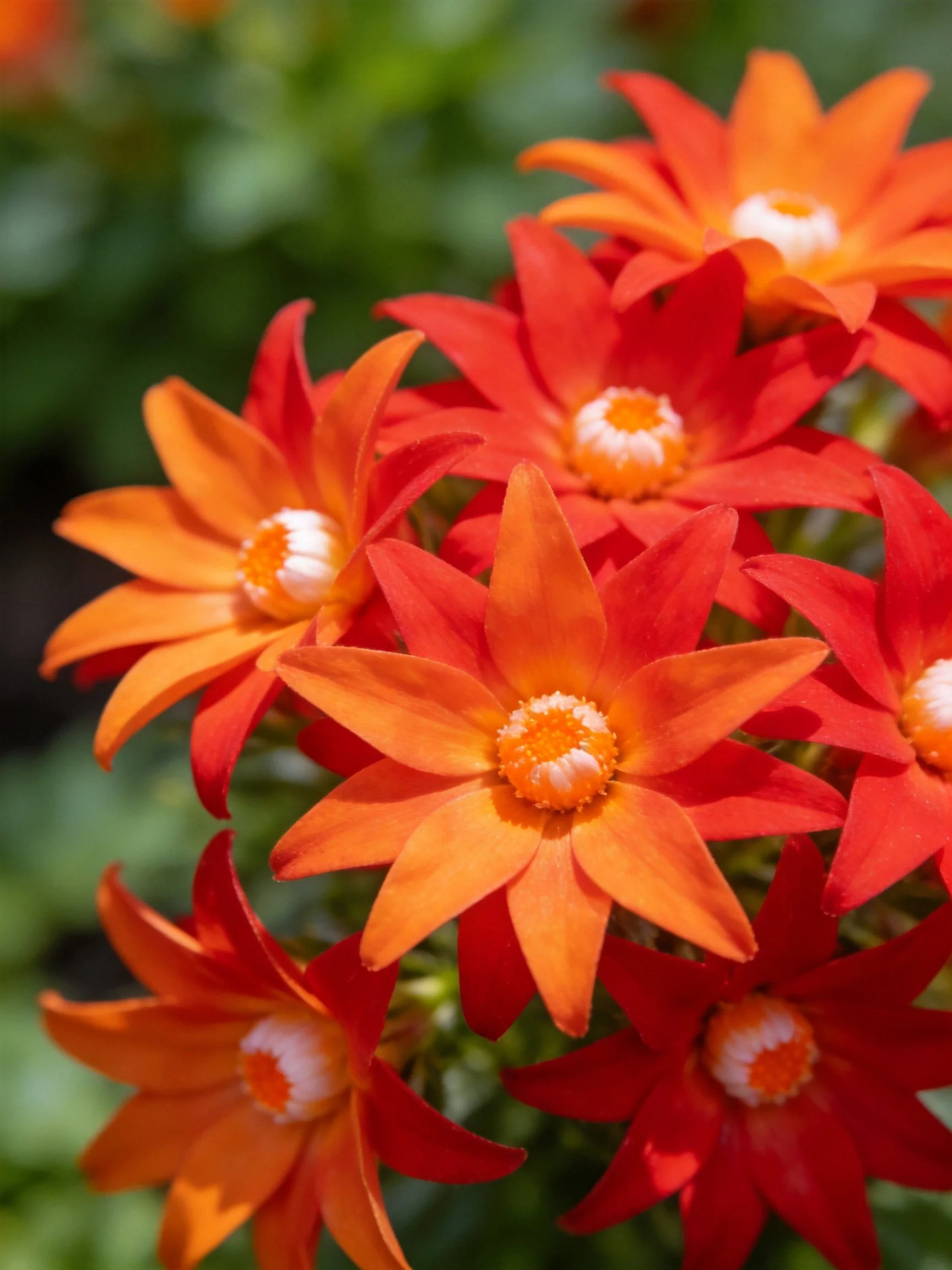 Star-shaped orange-red flowers clustered in a garden setting