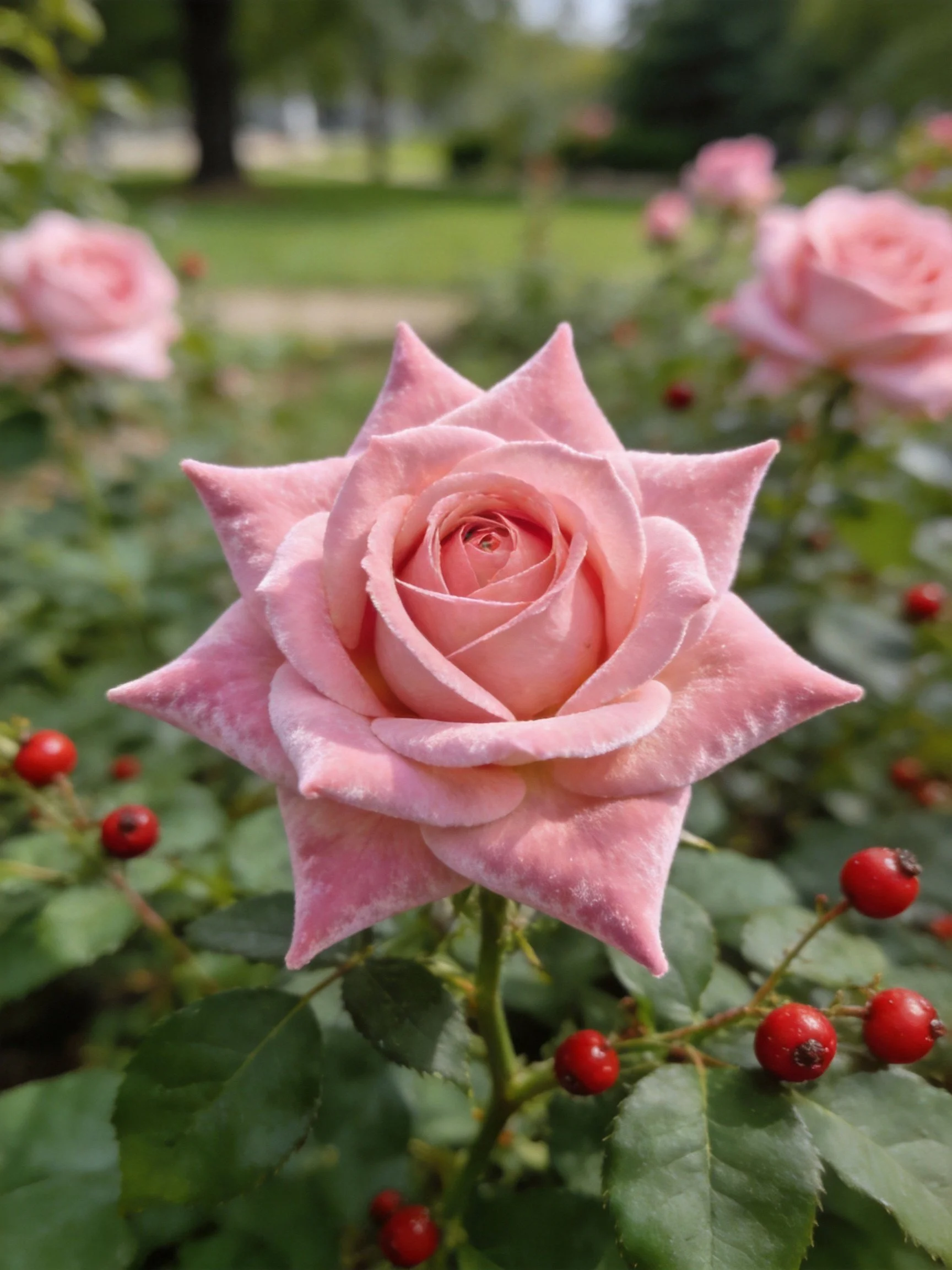 Star-shaped pink rose blooms among red berries and green foliage