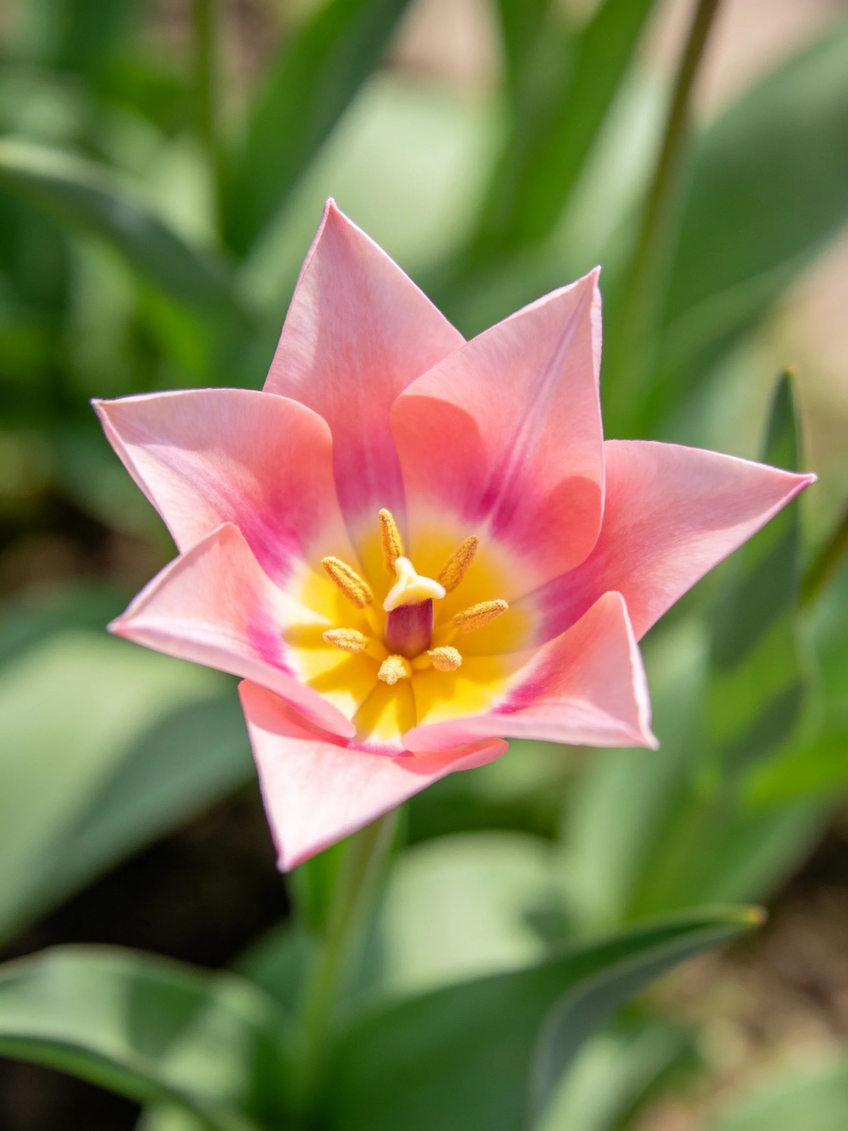 Star - shaped pink tulip with yellow center and green foliage