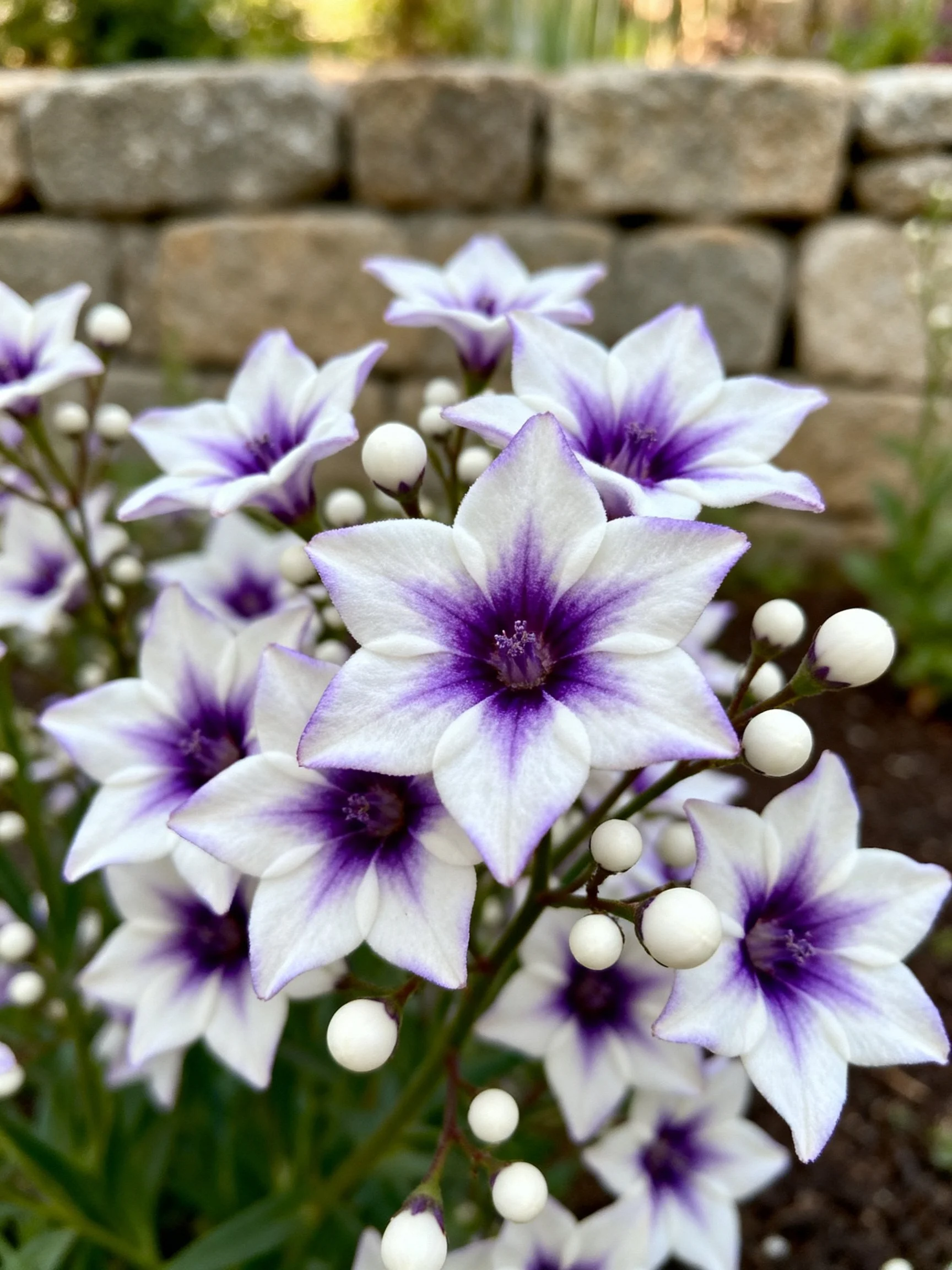 Star - shaped white and purple flowers with round buds beside stone wall