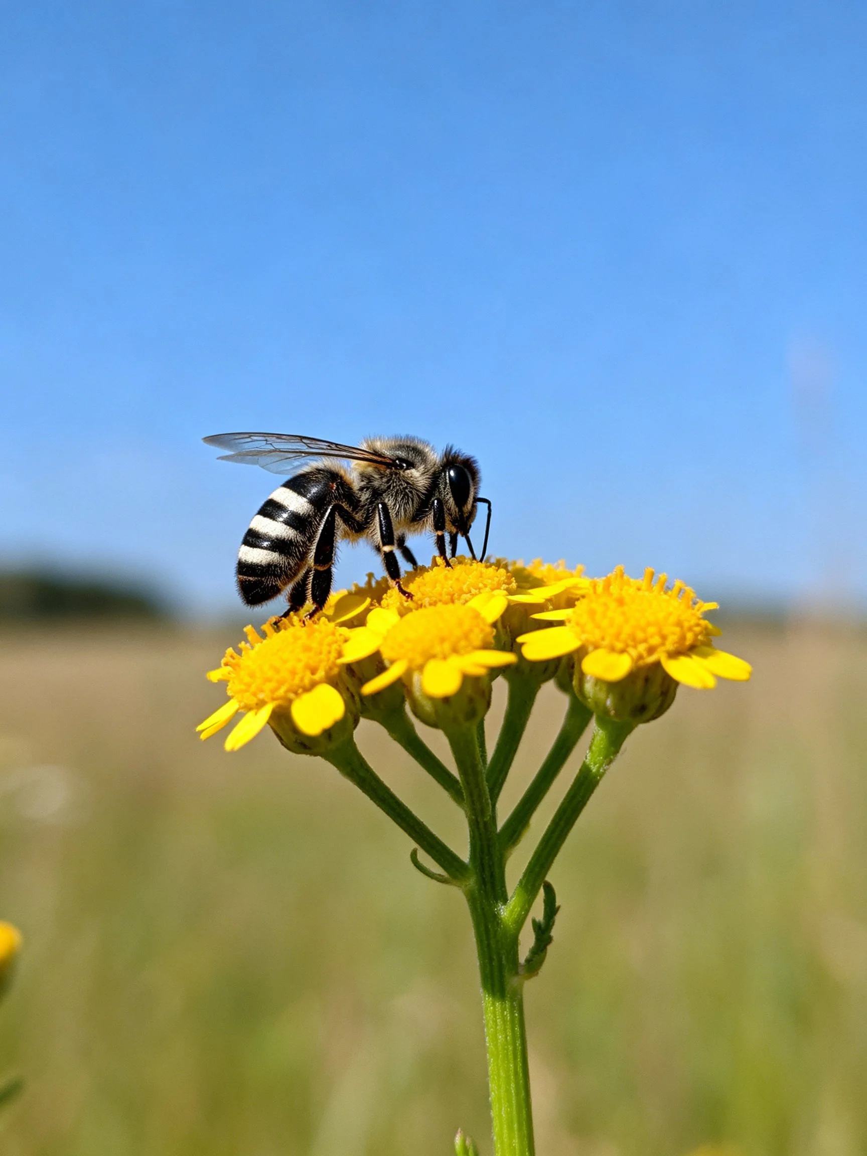 Striped bee gathering nectar from vibrant yellow wildflowers under clear blue sky