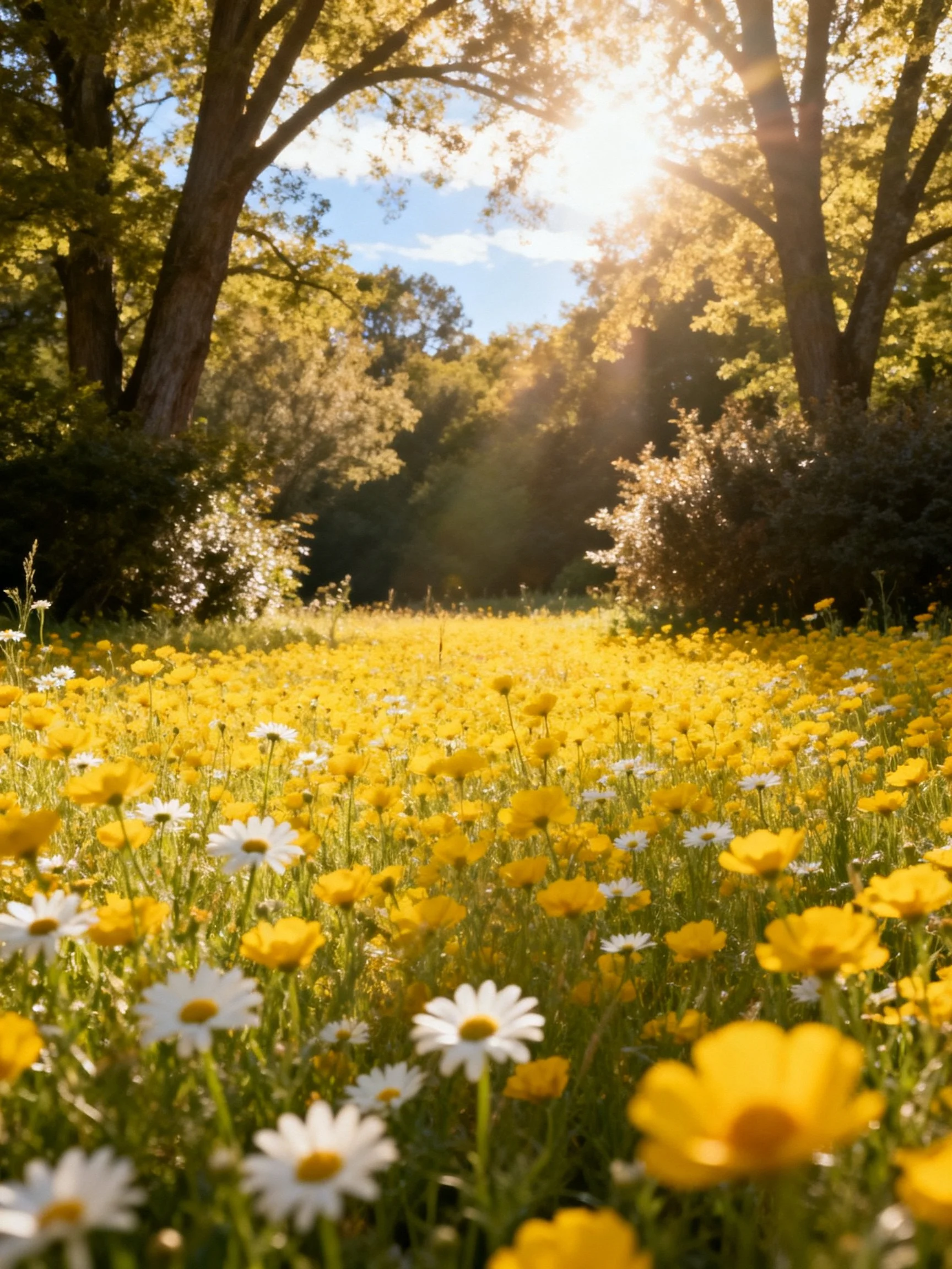 Sun-drenched field of vibrant yellow wildflowers and white daisies