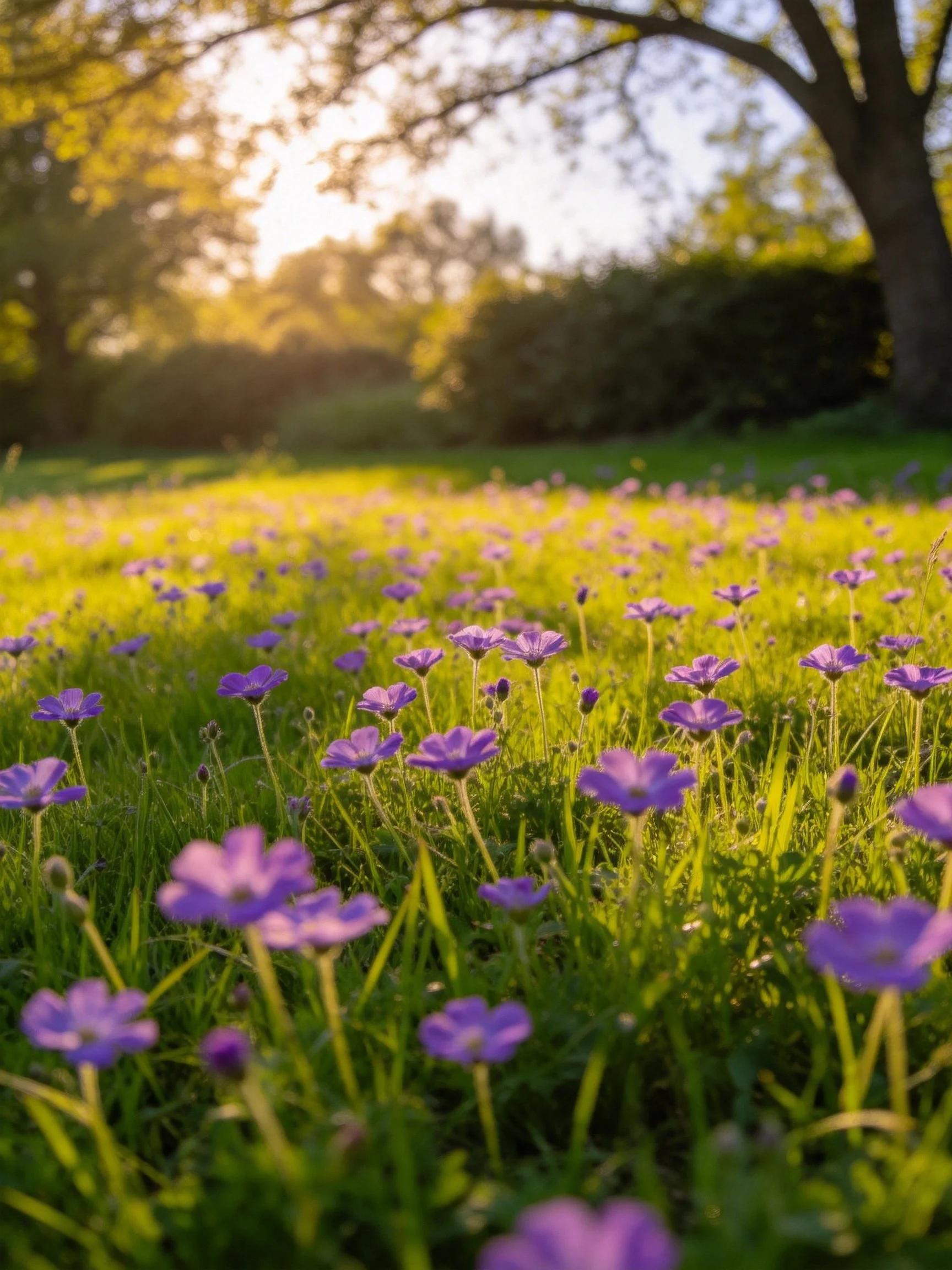 Sun-drenched meadow with purple wildflowers and towering trees