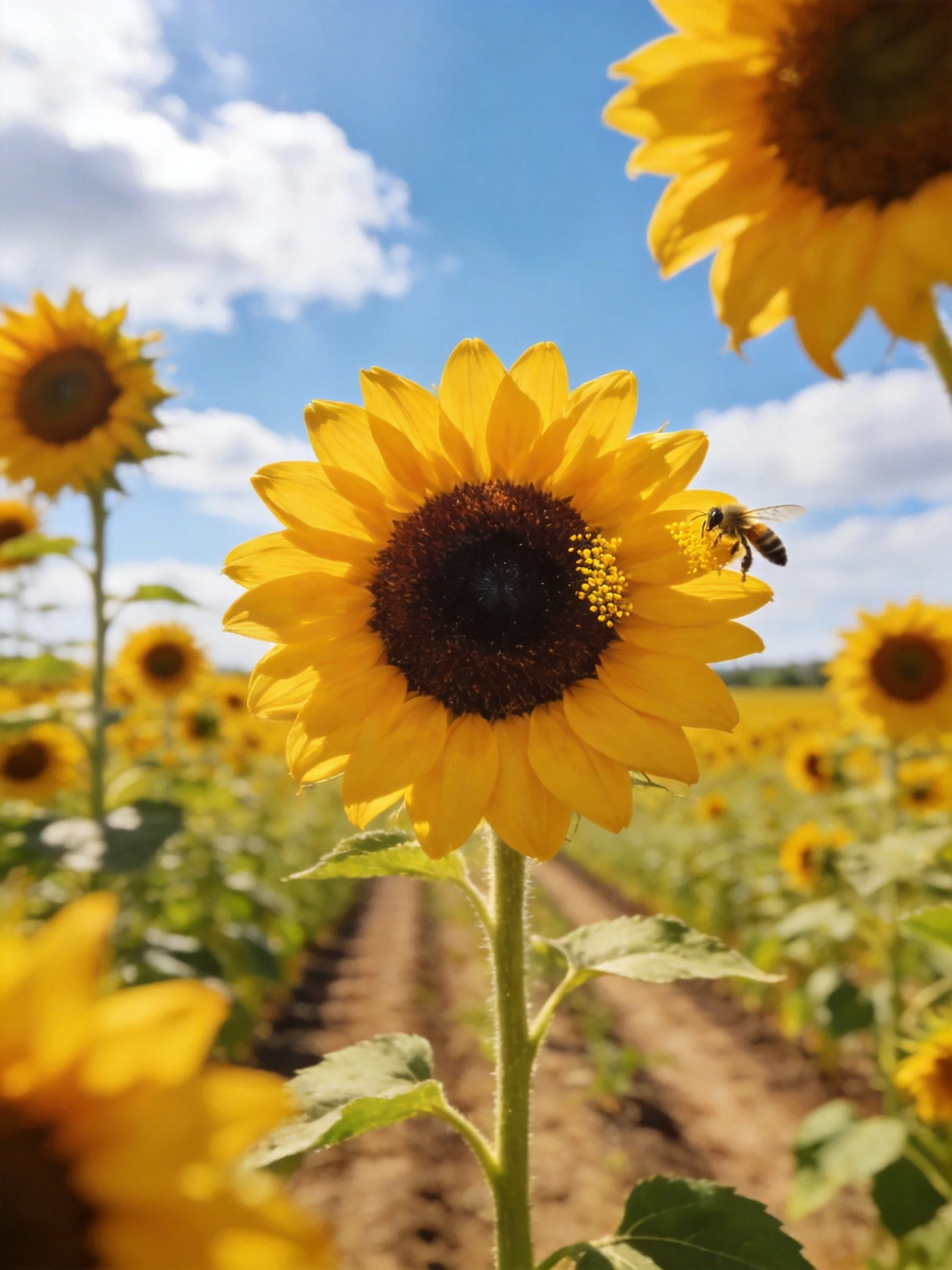 Sunflower Field with Bees, Bright Yellow Blooms, Blue Sky