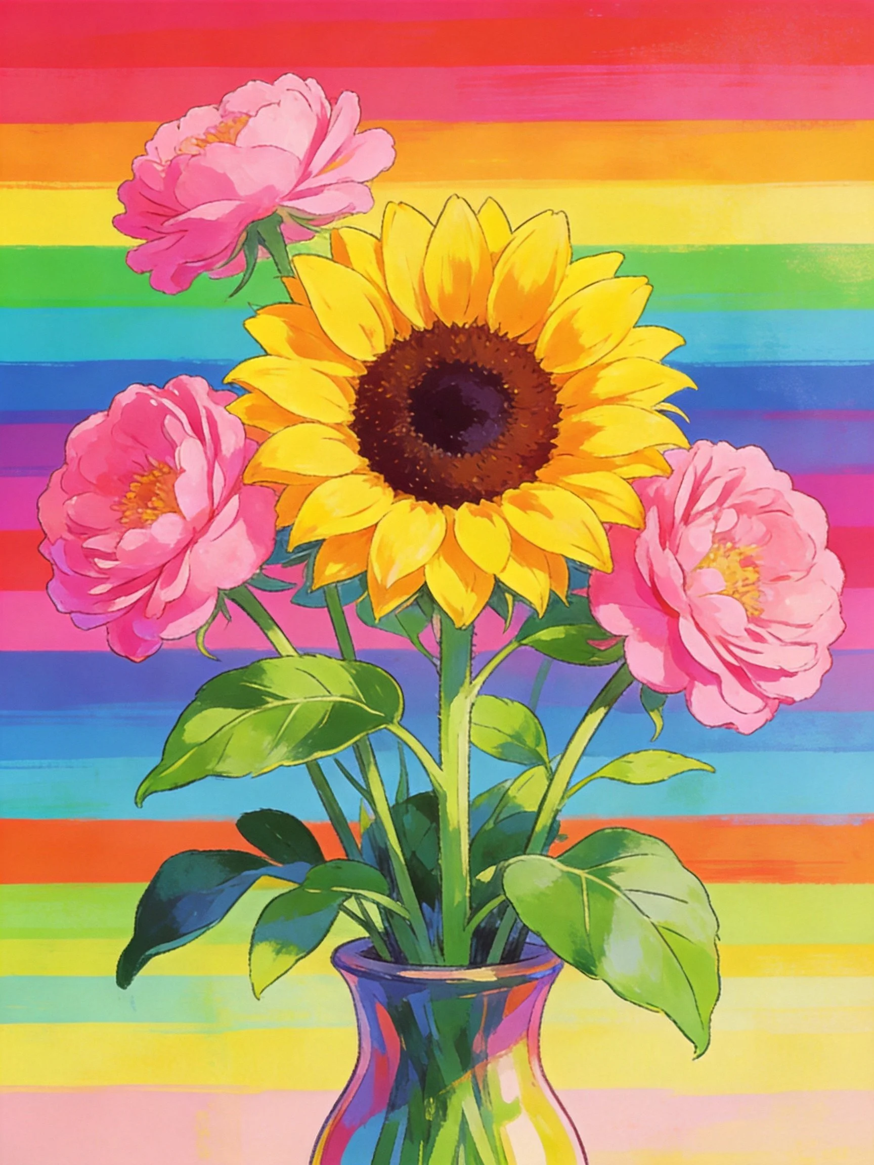 Sunflower and pink blooms in a with rainbow striped background
