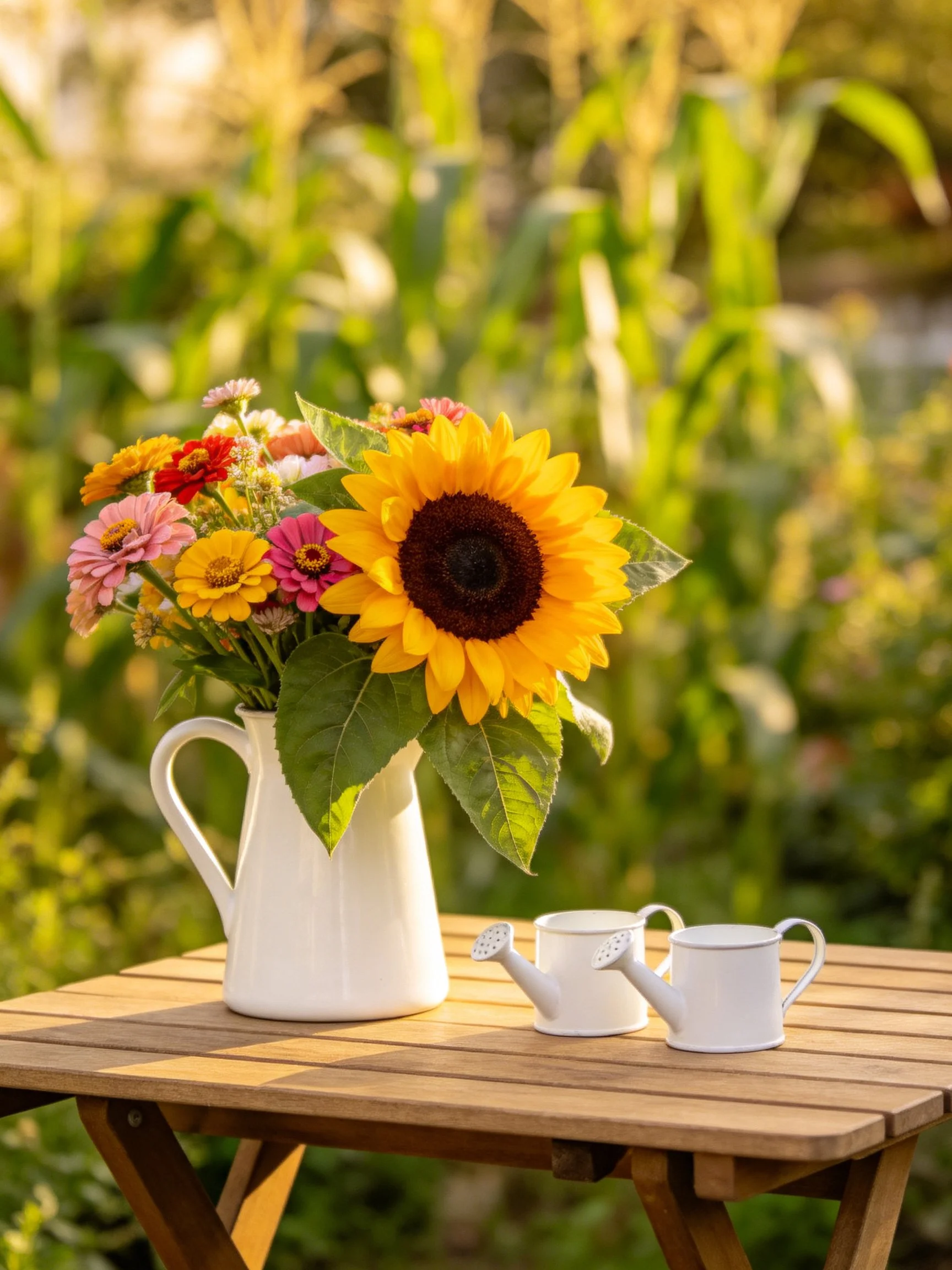 Sunflower bouquet in white pitcher with two small watering cans